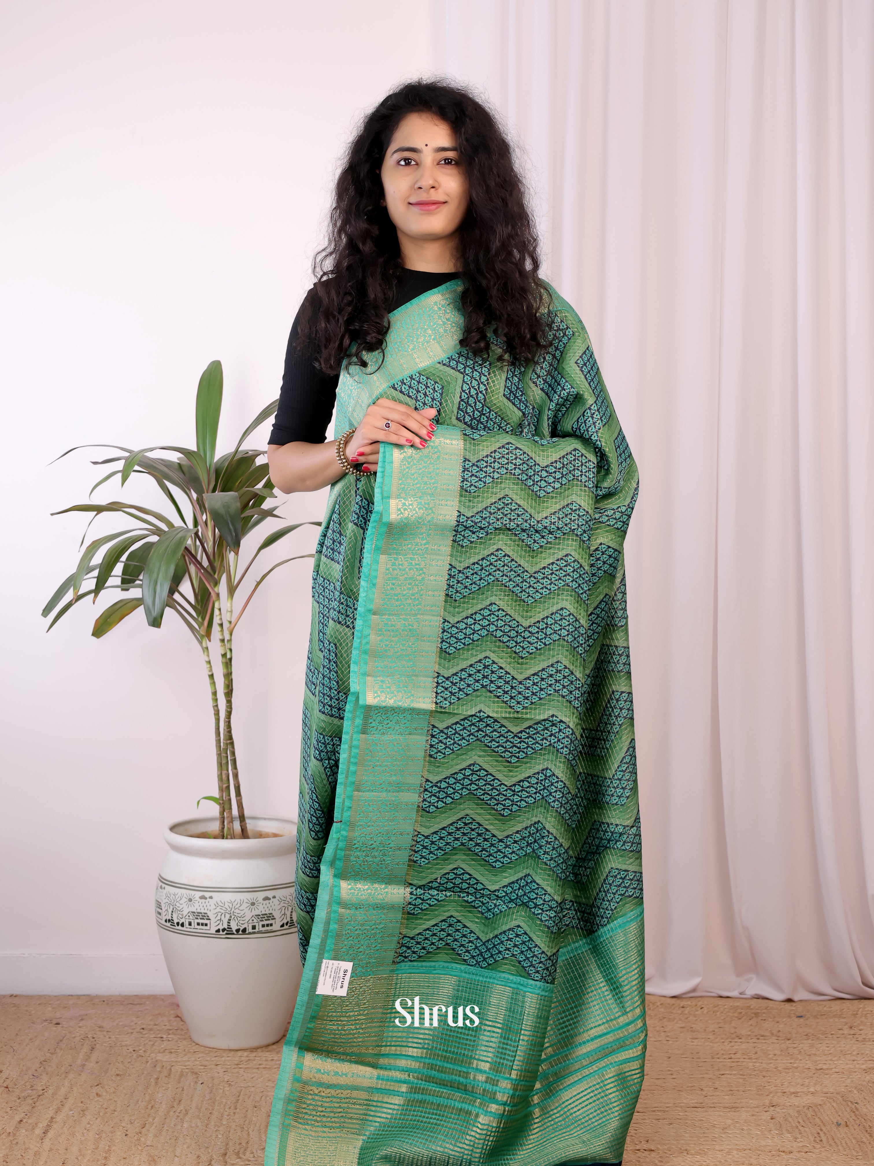 Green- Semi Chanderi Saree - Shop on Shrus.com