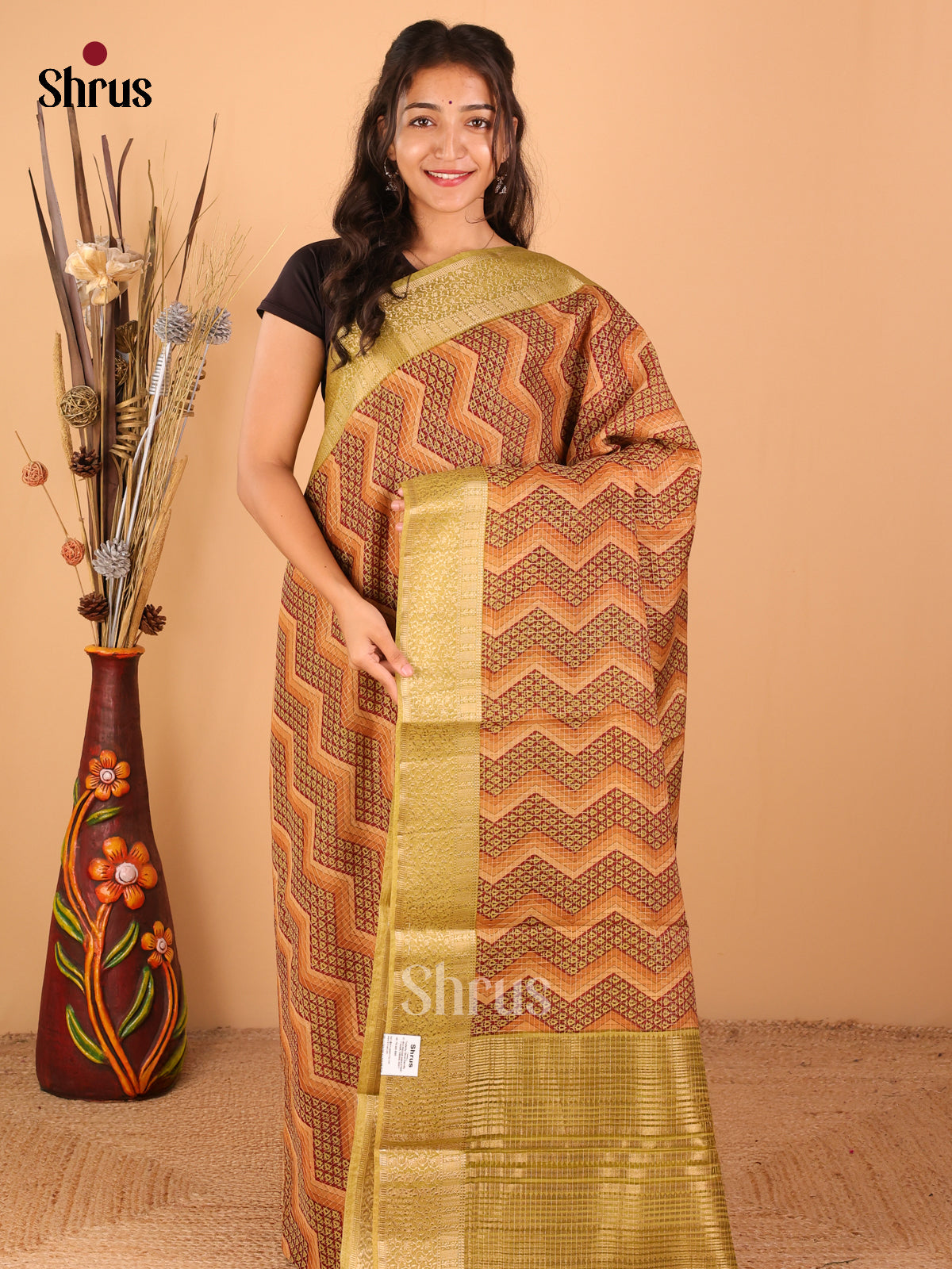 Brown with Mehandi green - Semi Chanderi - CIS15050 - Shop on Shrus.com