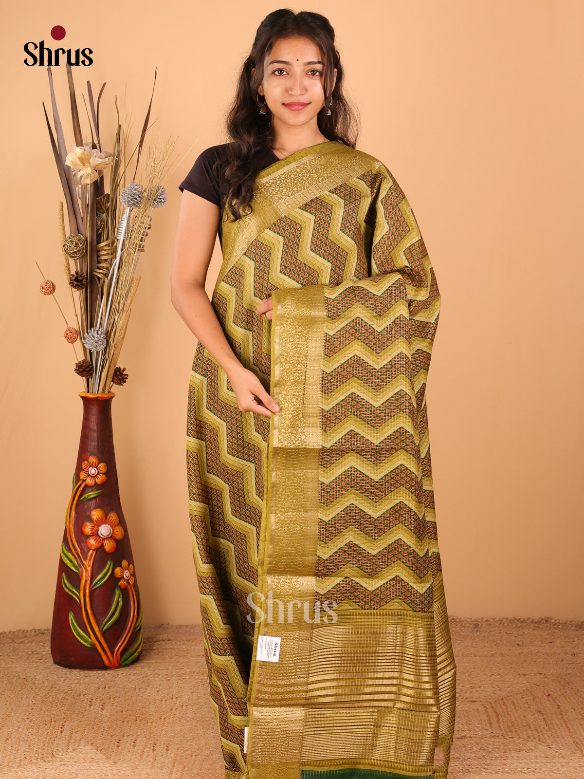 Mehandi green with light brown - Semi Chanderi - CIS15051 - Shop on Shrus.com