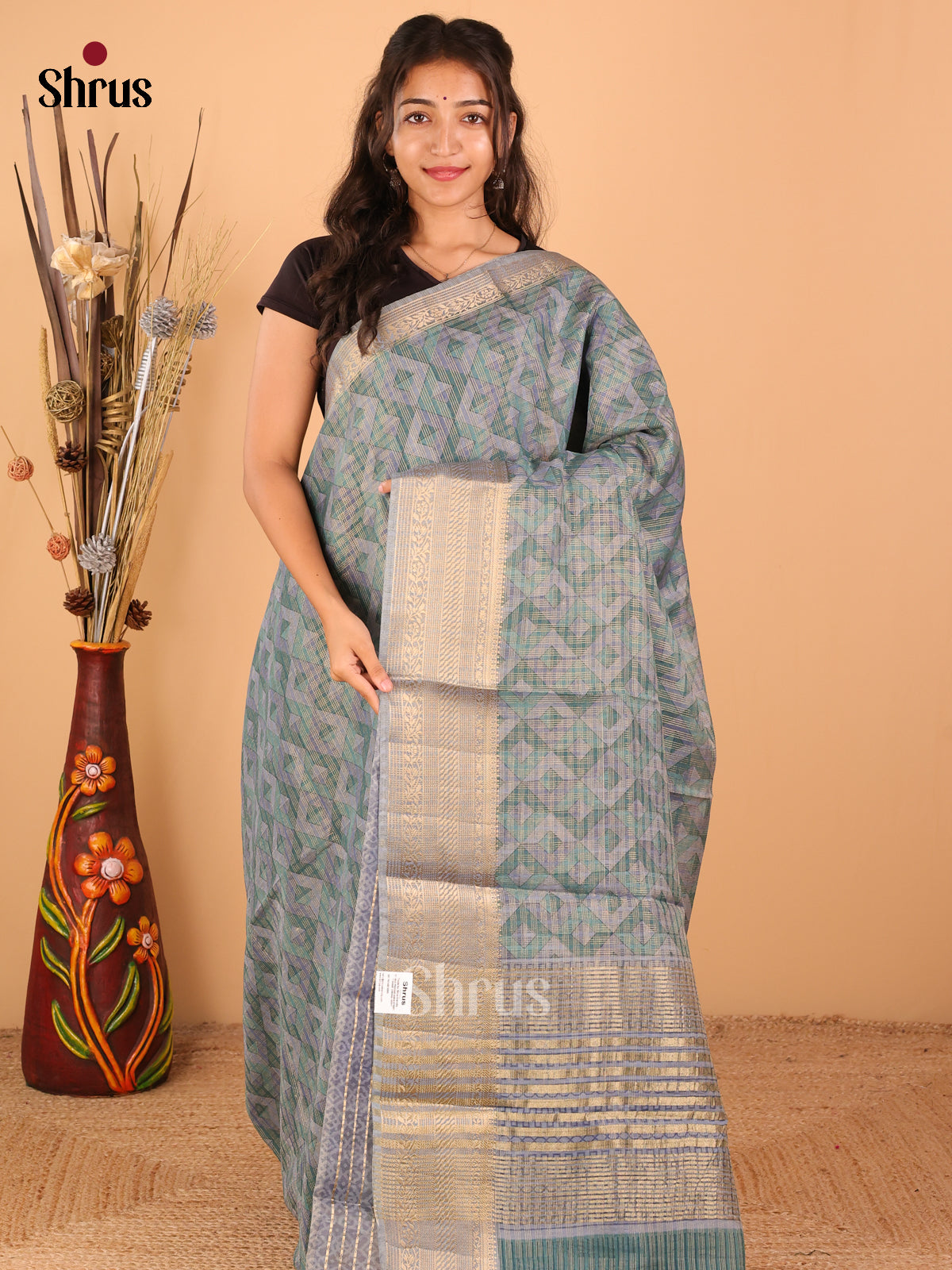 Green wirh Lavender - Semi Chanderi - CIS15052 - Shop on Shrus.com