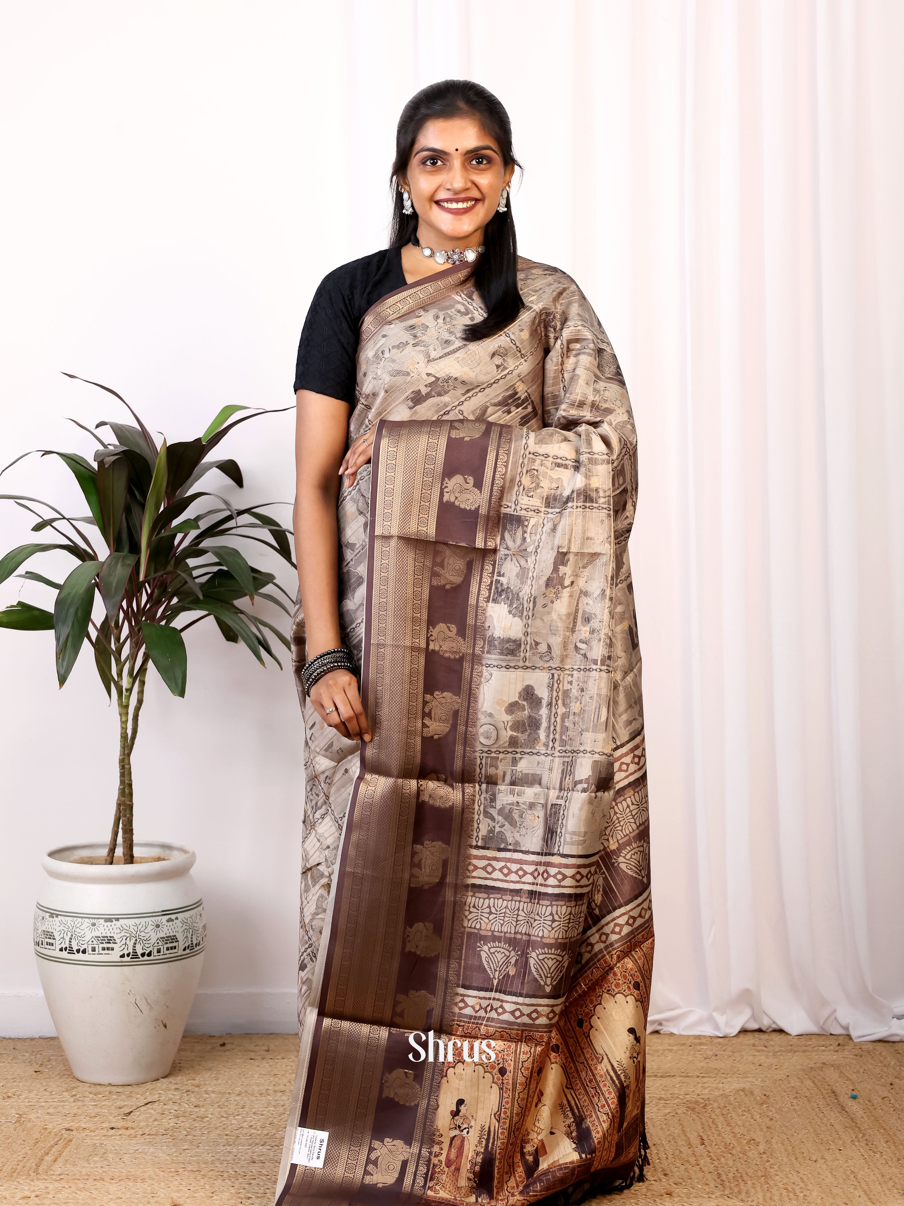 Cream & brown - Printed Semi Tussar Saree - Shop on Shrus.com