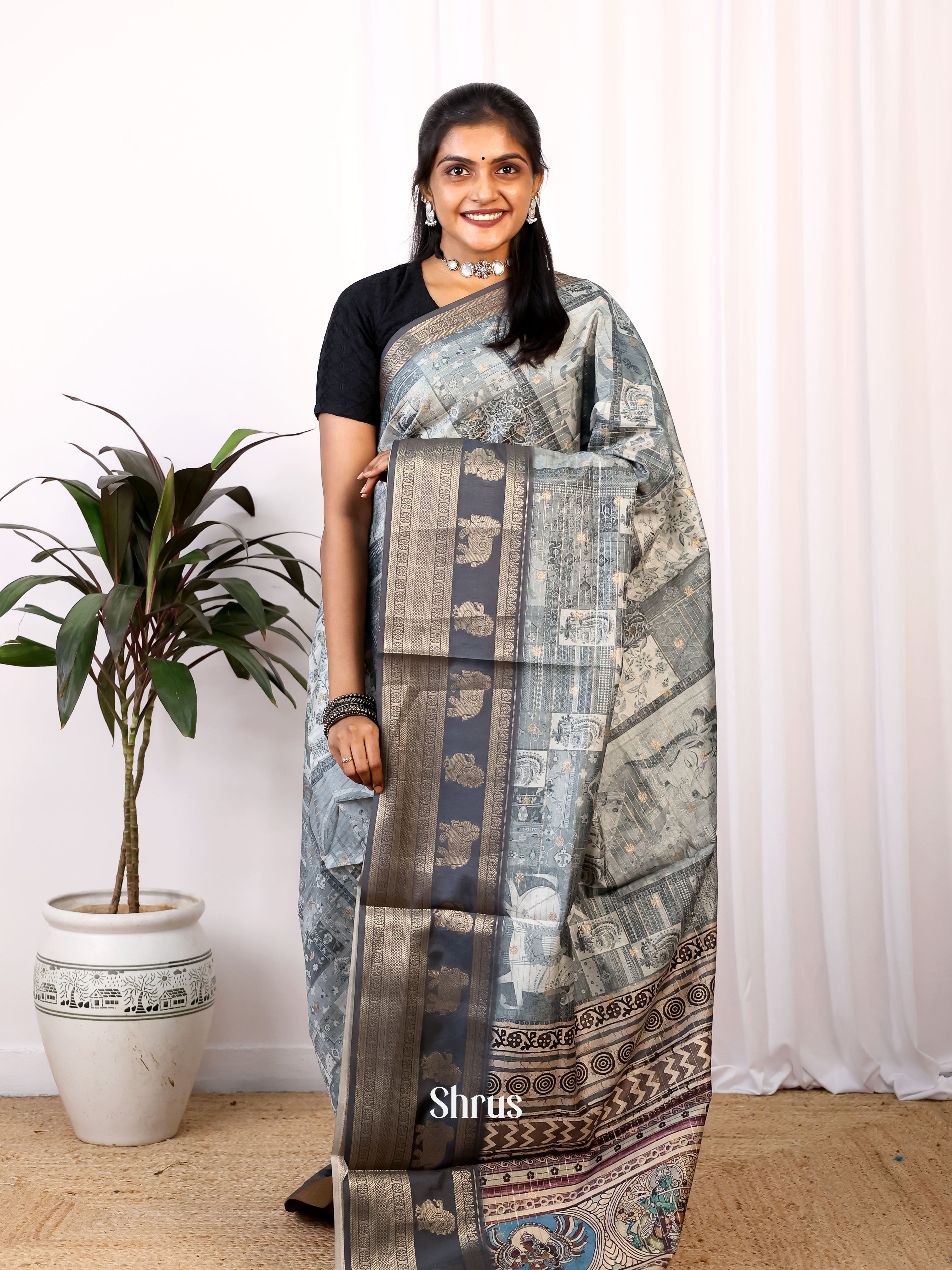 Lite Blue - Printed Semi Tussar Saree - Shop on Shrus.com