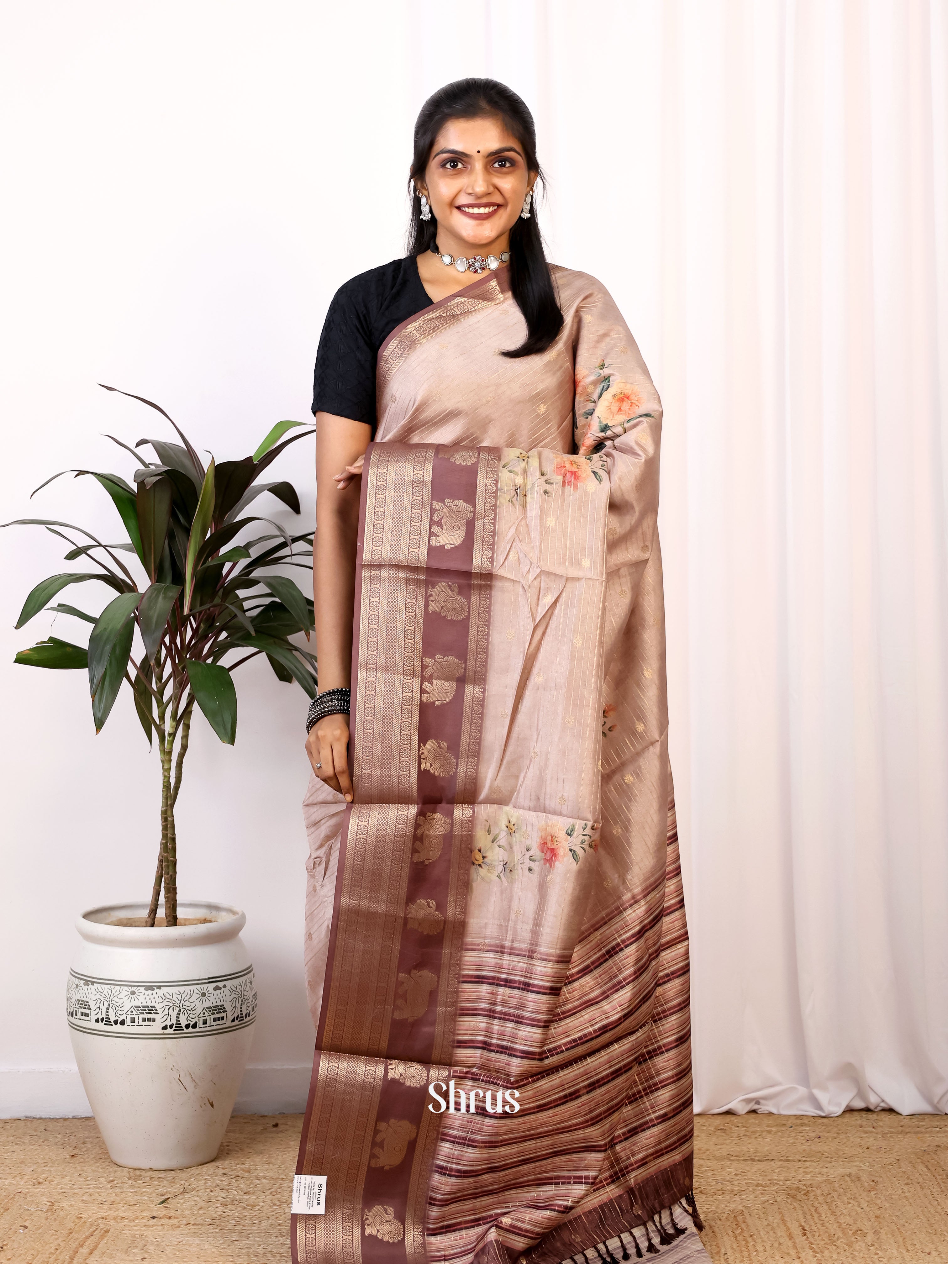 Lite Brown & Brown- Printed Semi Tussar Saree - Shop on Shrus.com