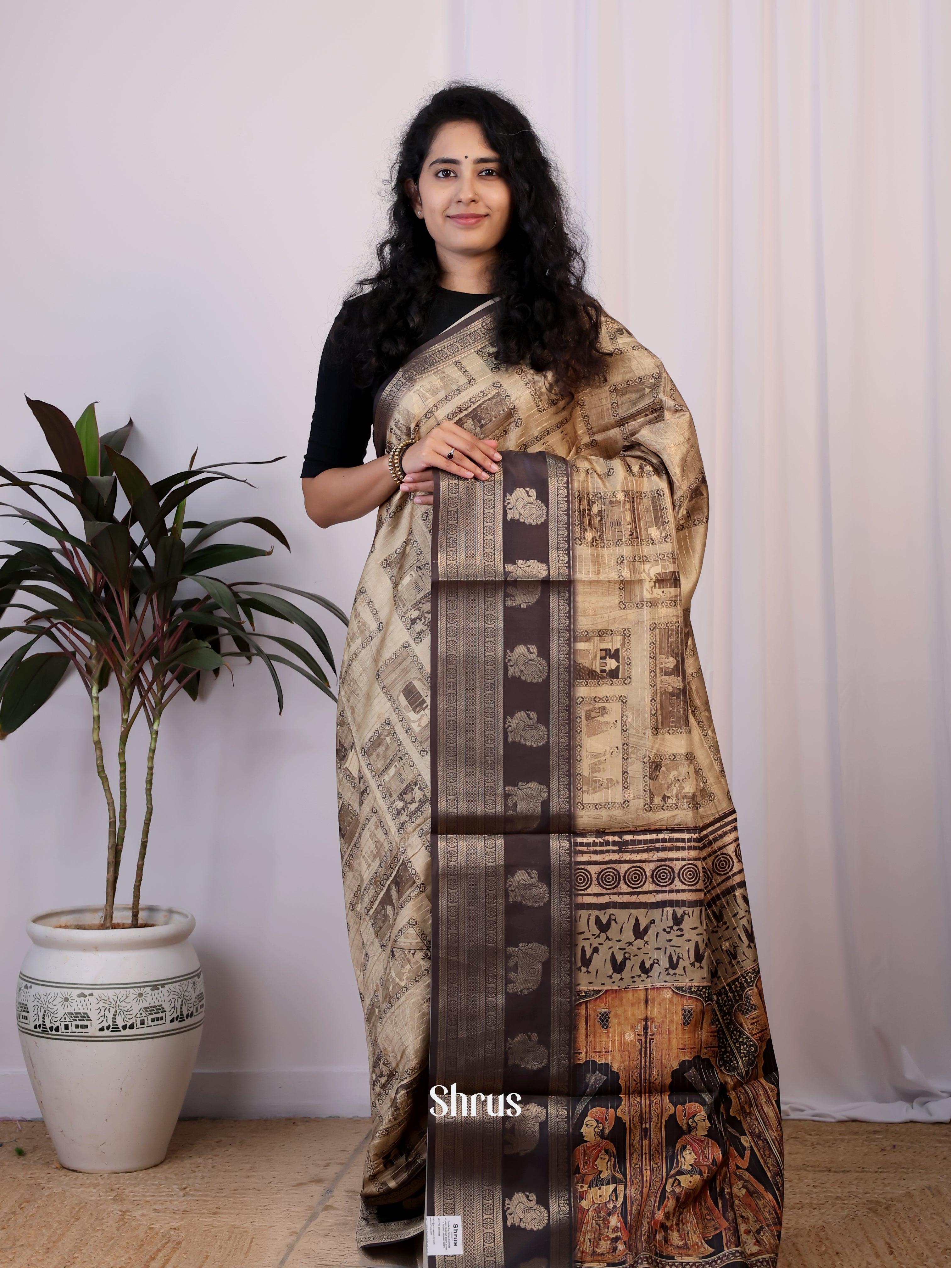Cream & Brown - Printed Semi Tussar Saree - Shop on Shrus.com