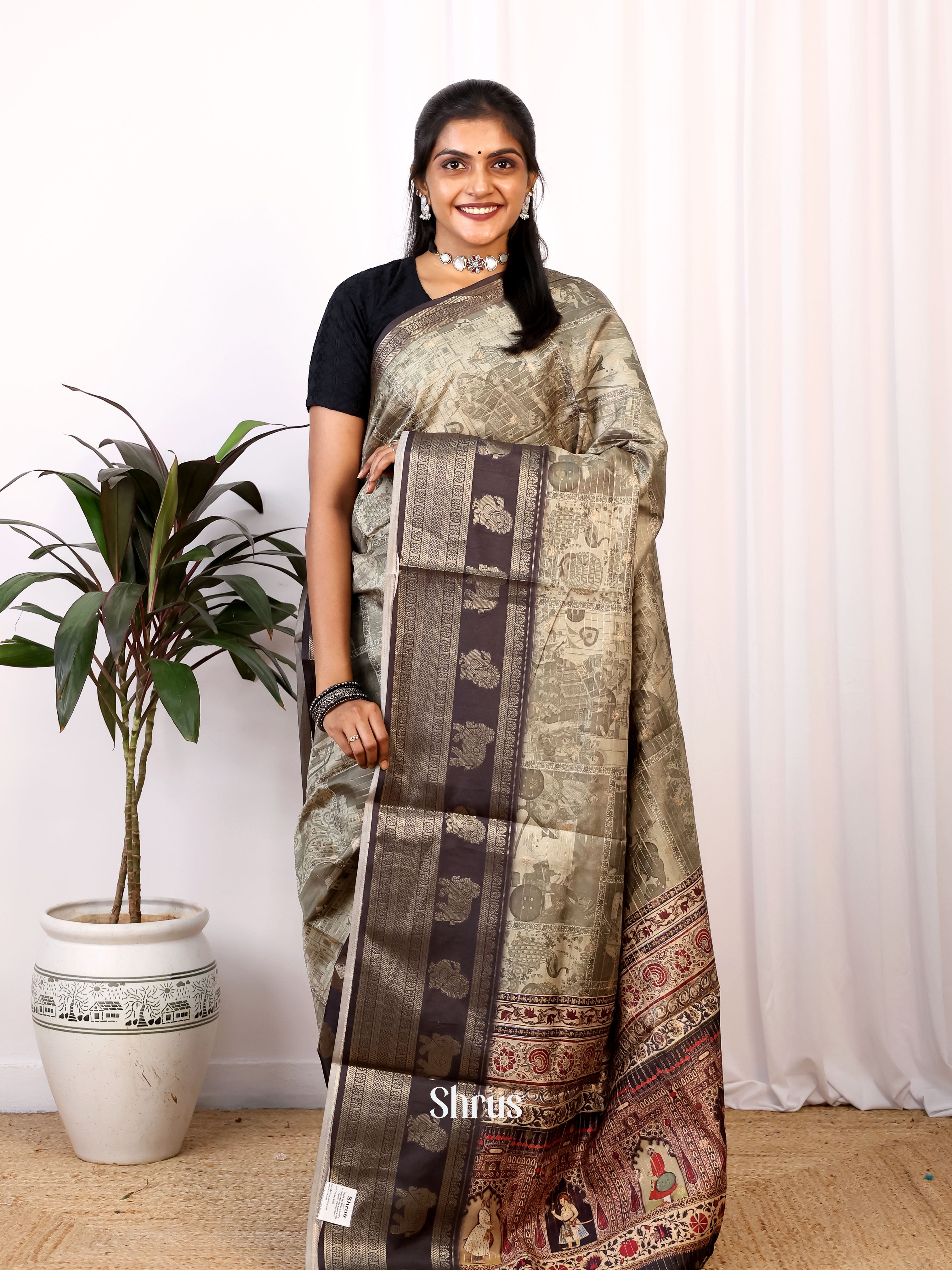 Greyish Green & Brown - Printed Semi Tussar Saree - Shop on Shrus.com