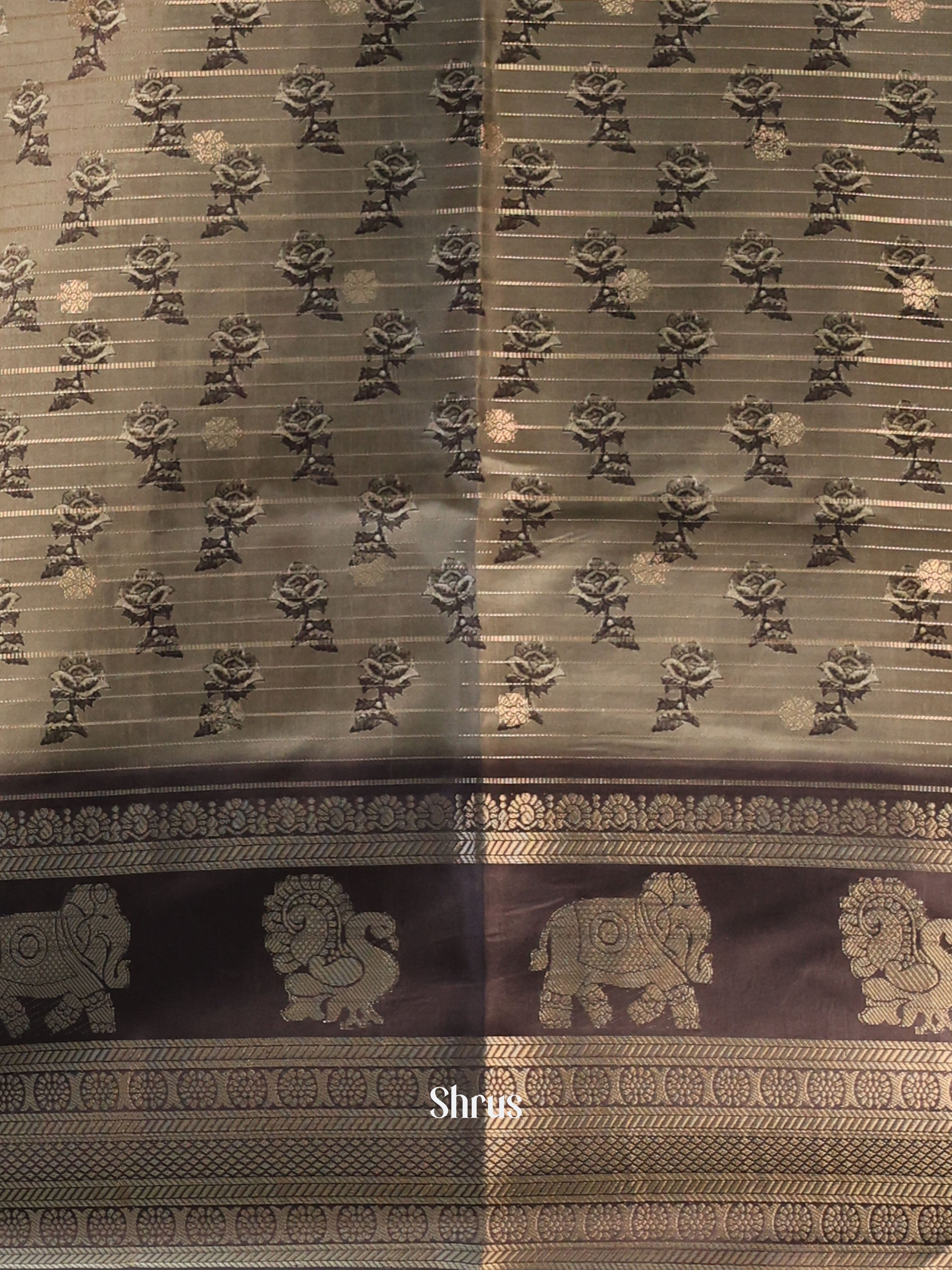 Greyish Green & Brown - Printed Semi Tussar Saree - Shop on Shrus.com