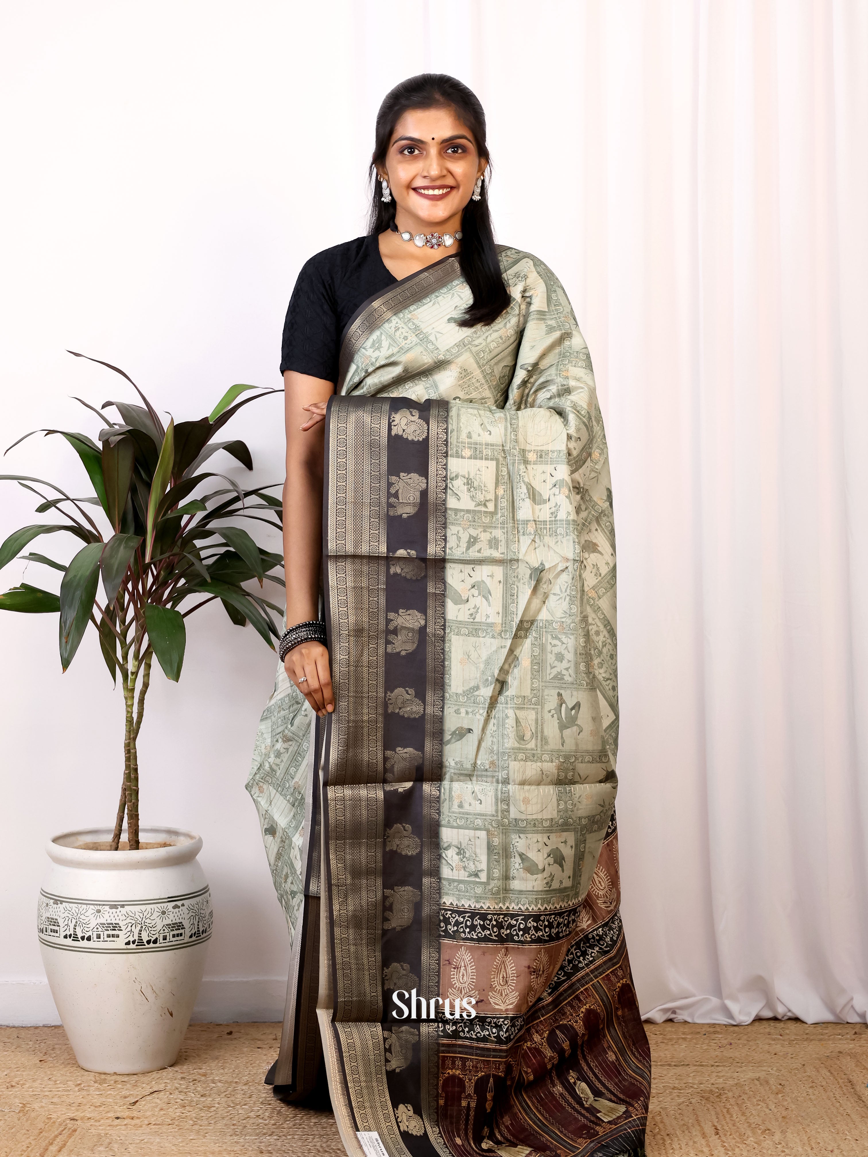 Mint Green & Brown - Printed Semi Tussar Saree - Shop on Shrus.com