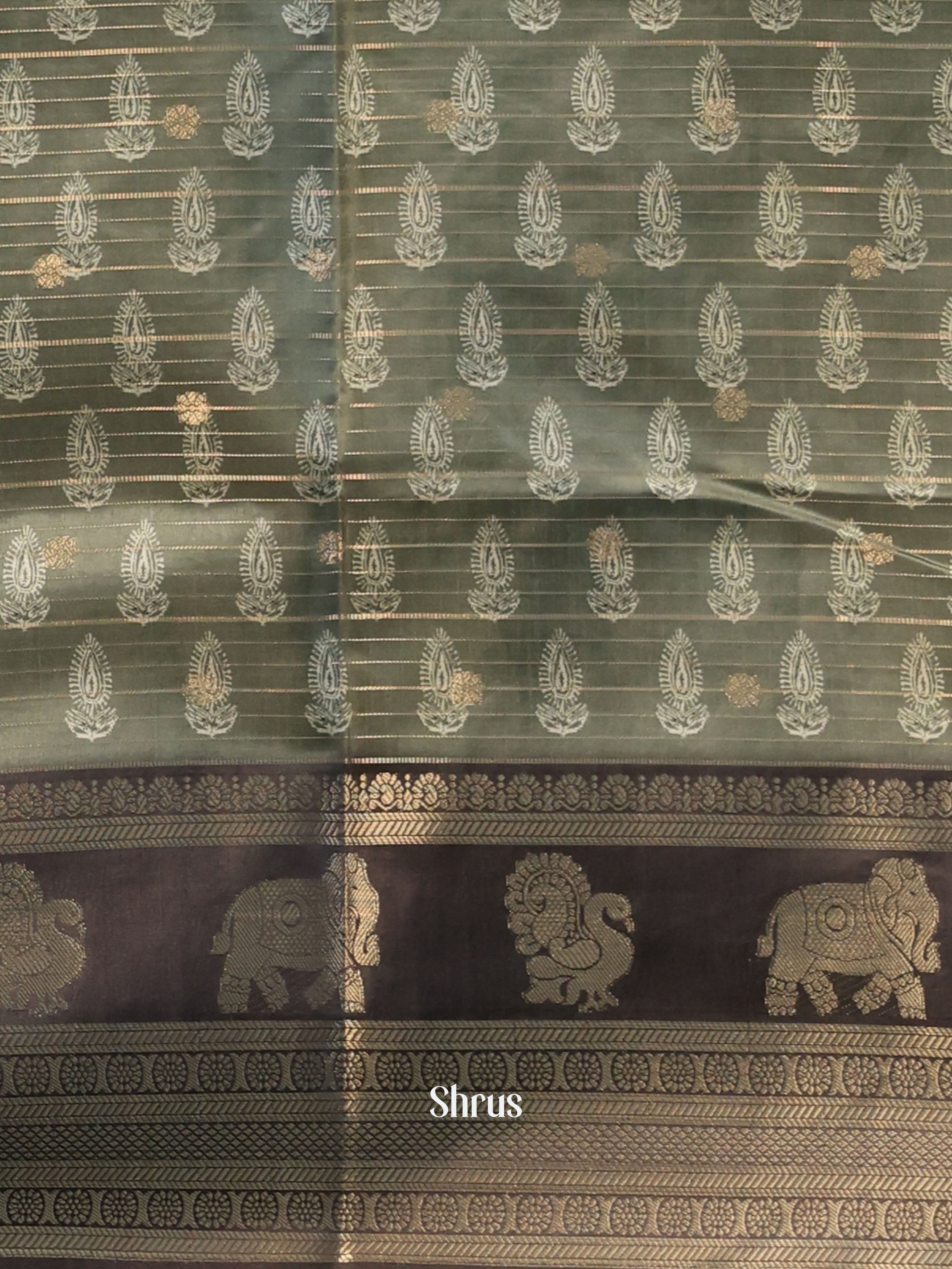 Mint Green & Brown - Printed Semi Tussar Saree - Shop on Shrus.com