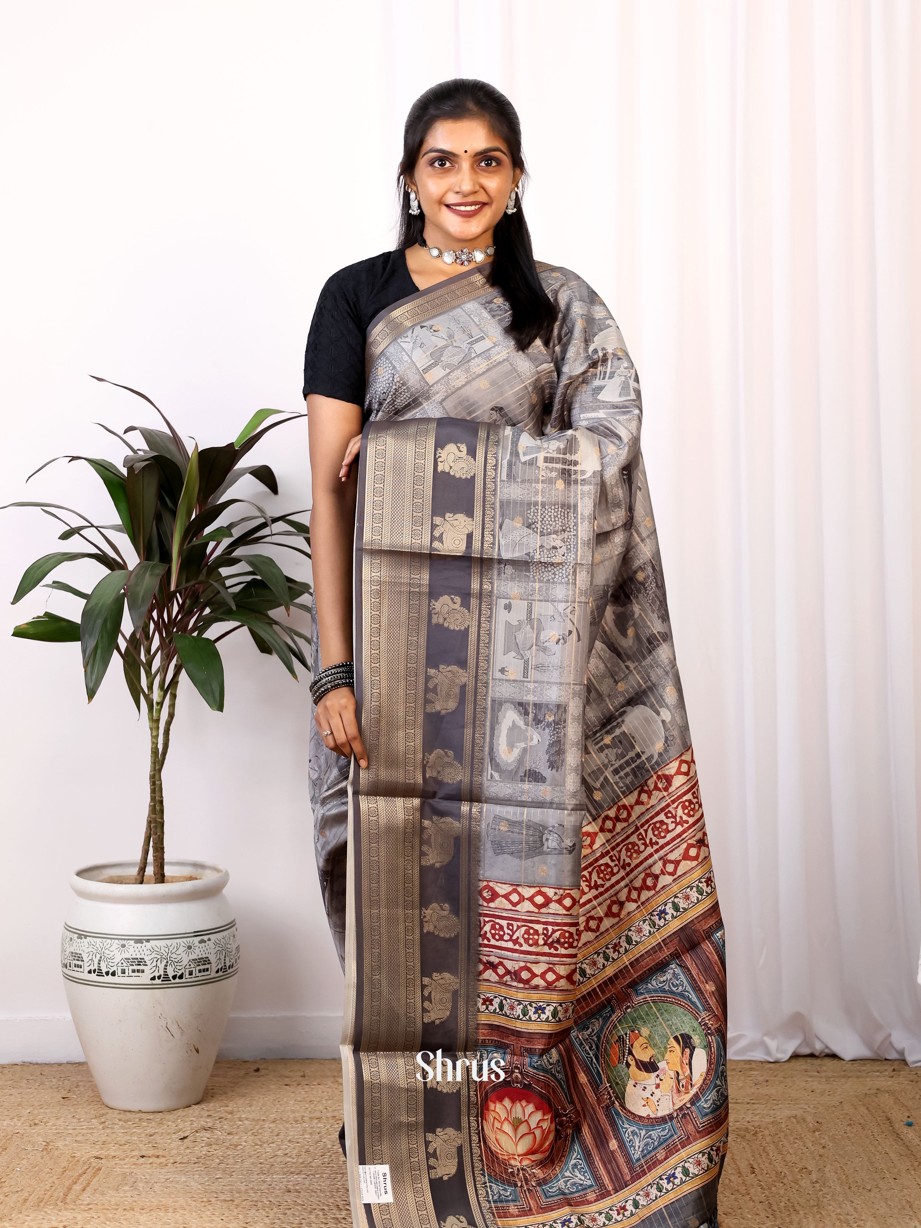 Grey- Printed Semi Tussar Saree - Shop on Shrus.com