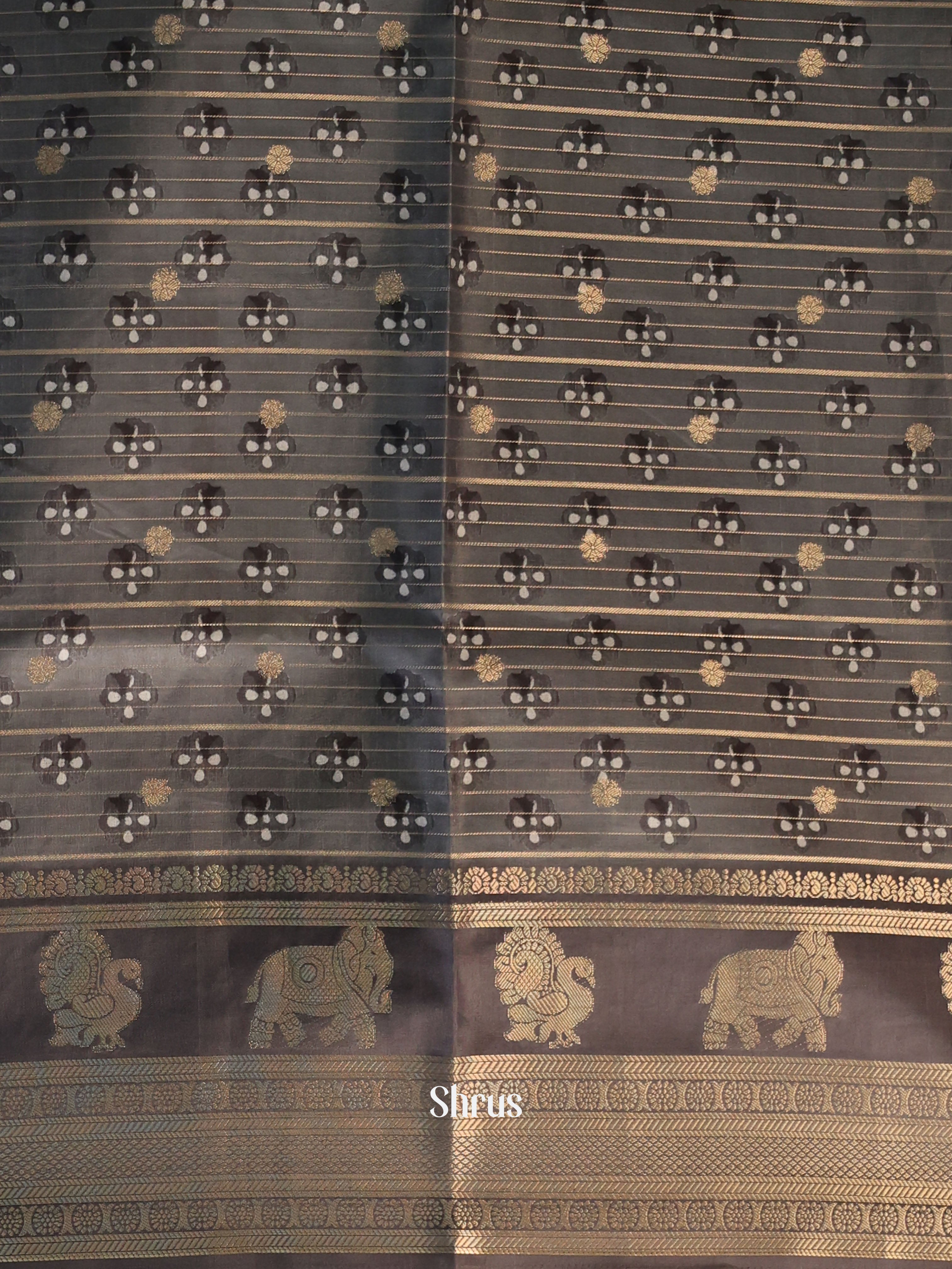 Grey- Printed Semi Tussar Saree - Shop on Shrus.com