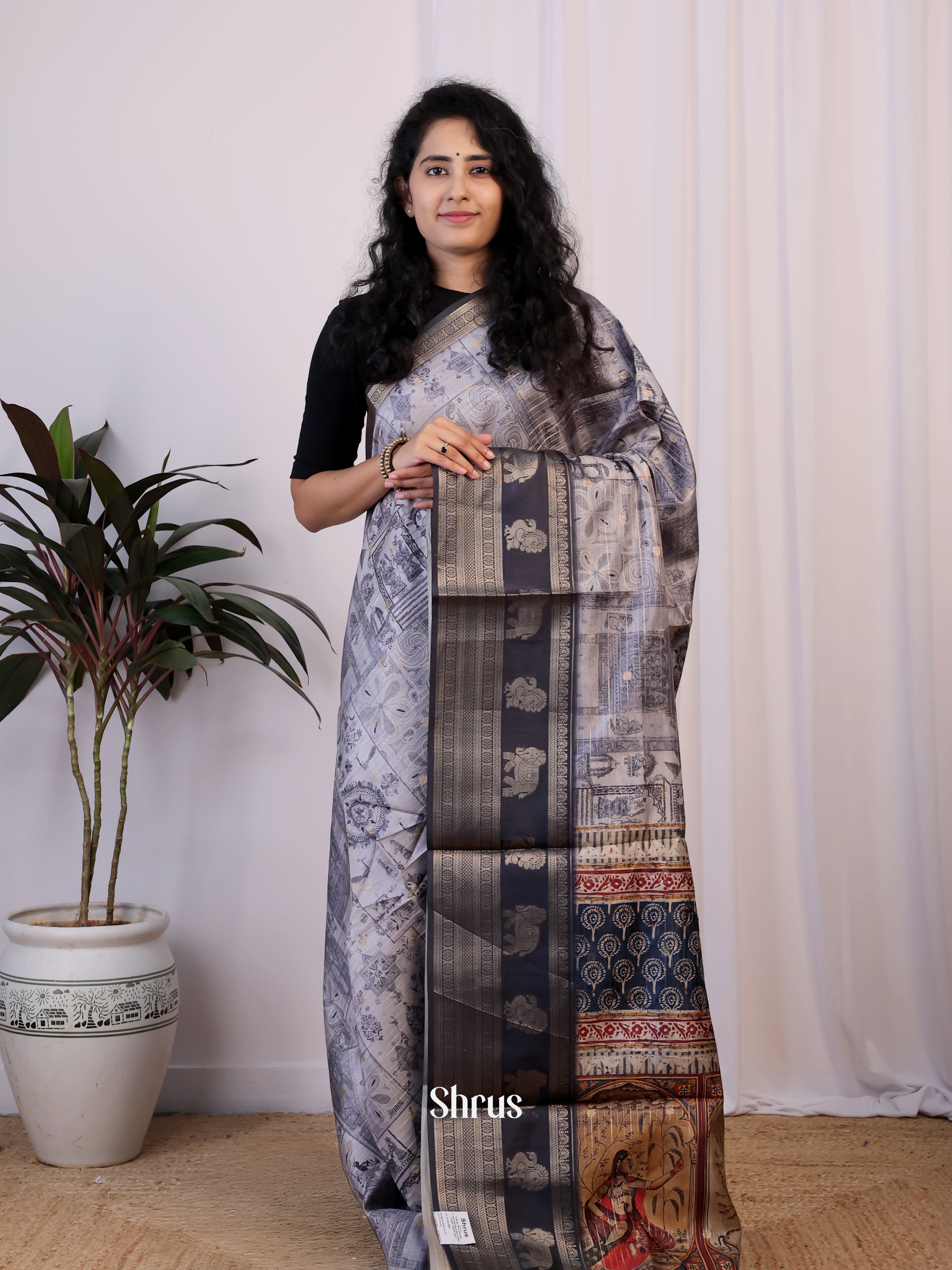 Lite Blue & Blue - Printed Semi Tussar Saree - Shop on Shrus.com