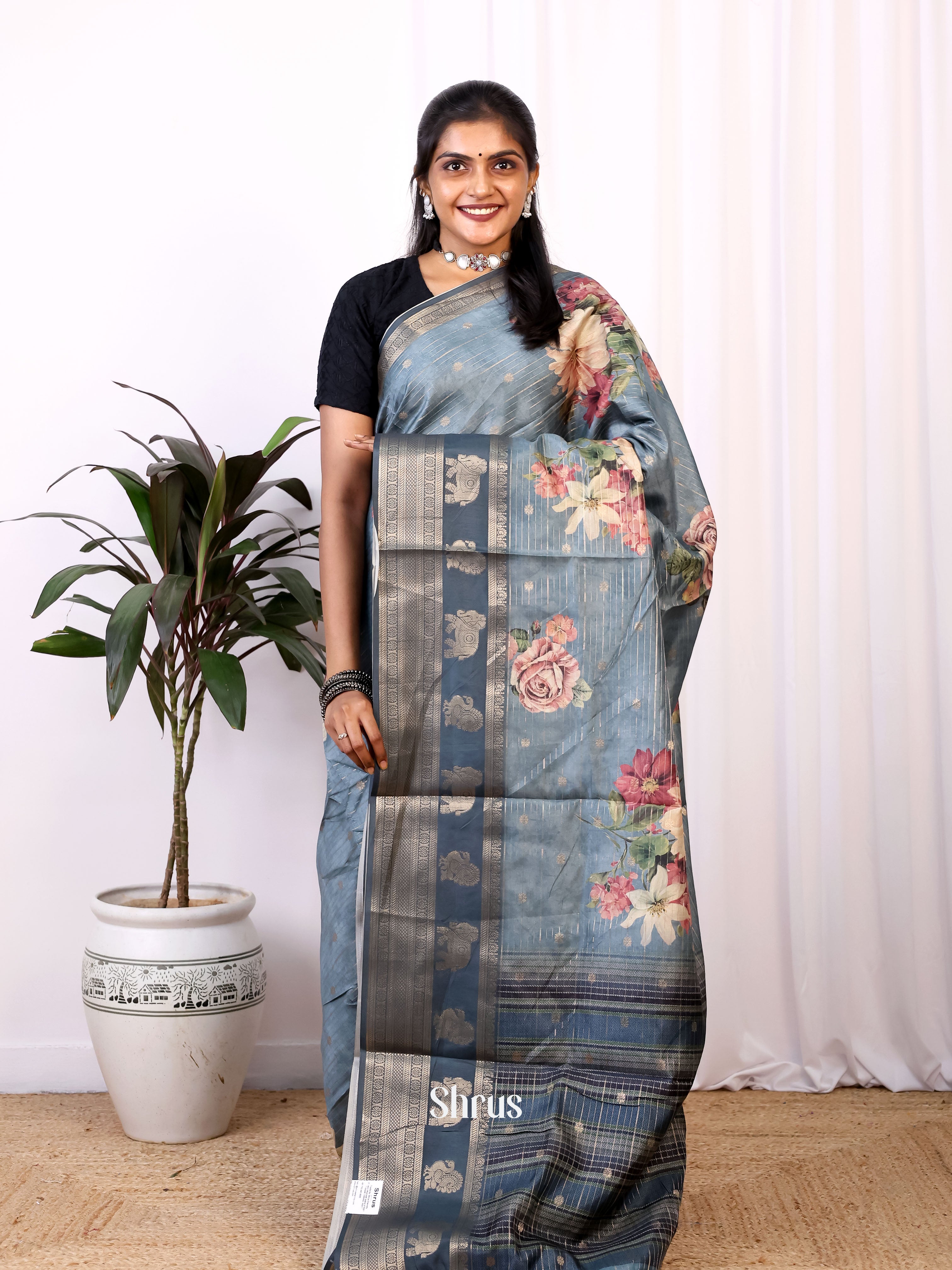 Blue - Printed Semi Tussar Saree - Shop on Shrus.com