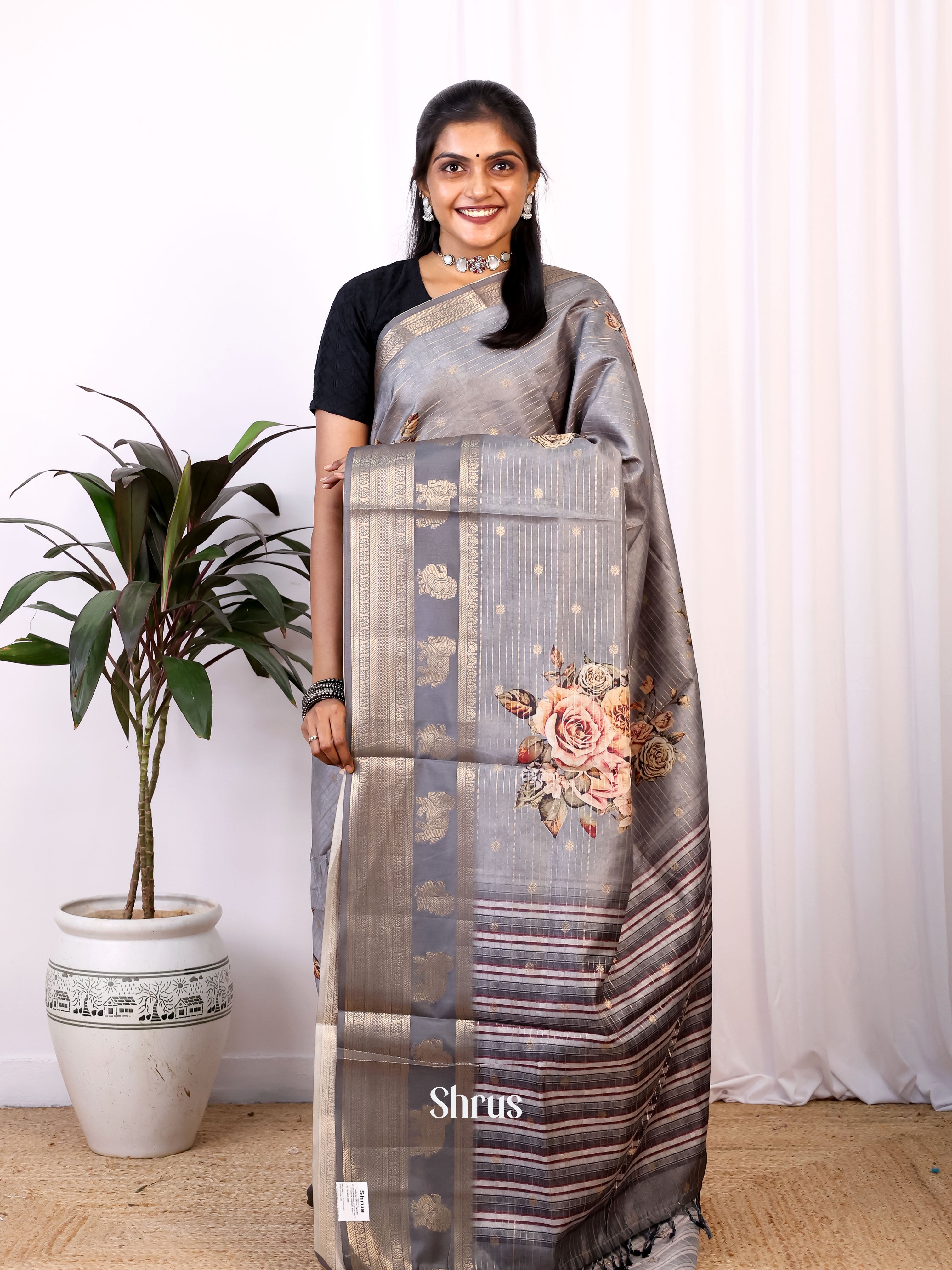 Grey & Brown- Printed Semi Tussar Saree - Shop on Shrus.com
