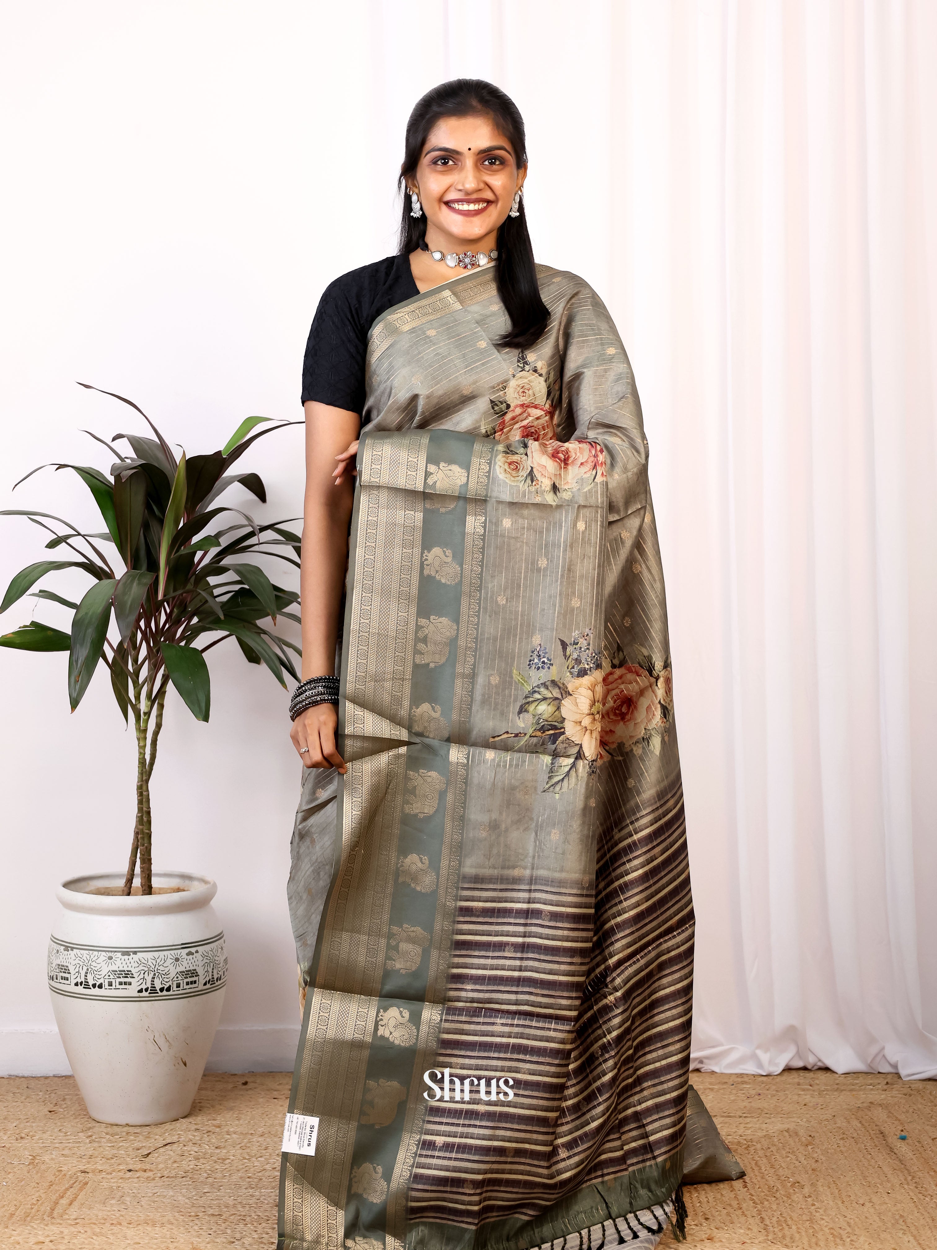 Grey Green & Brown- Printed Semi Tussar Saree - Shop on Shrus.com