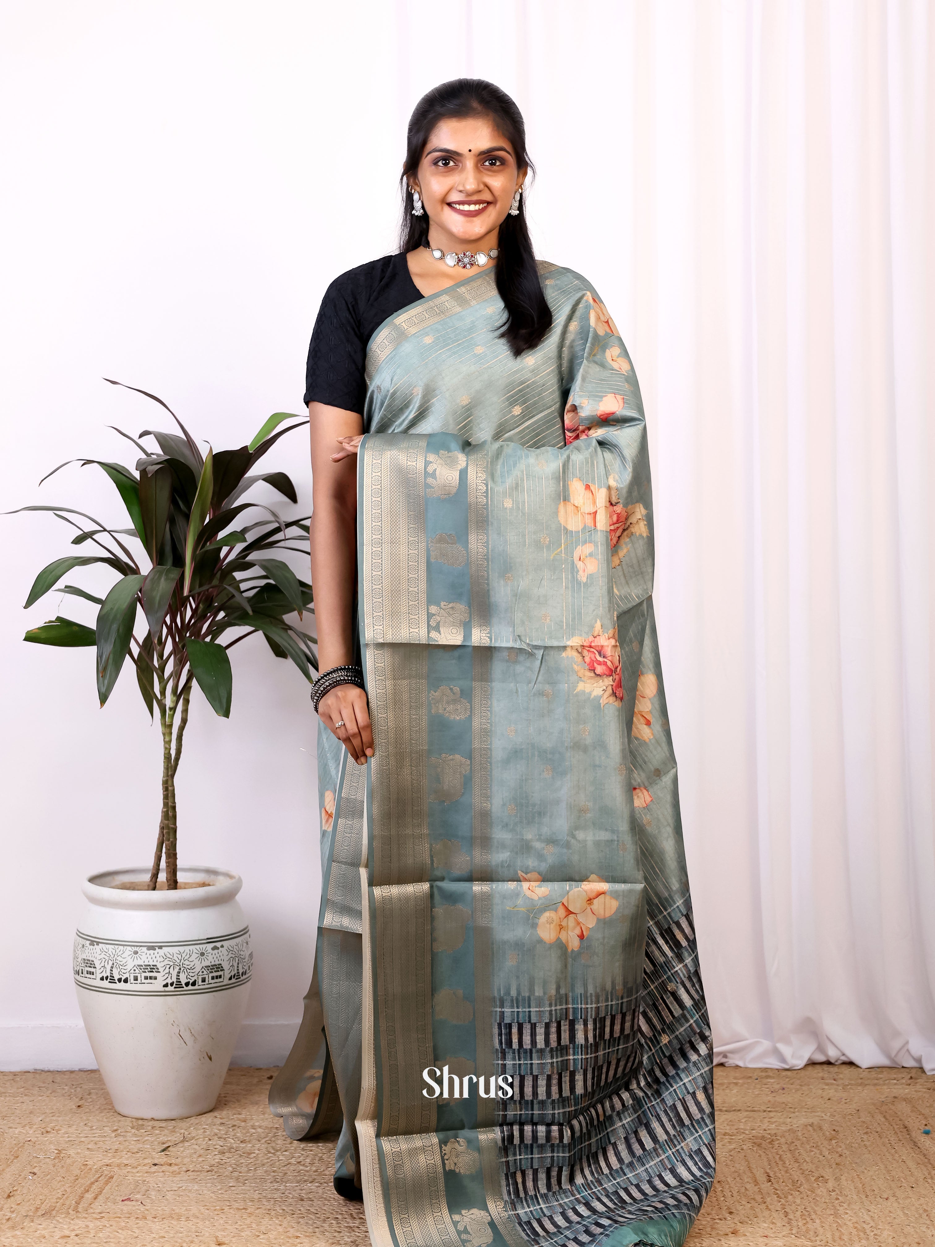 Lite Blue - Printed Semi Tussar Saree - Shop on Shrus.com