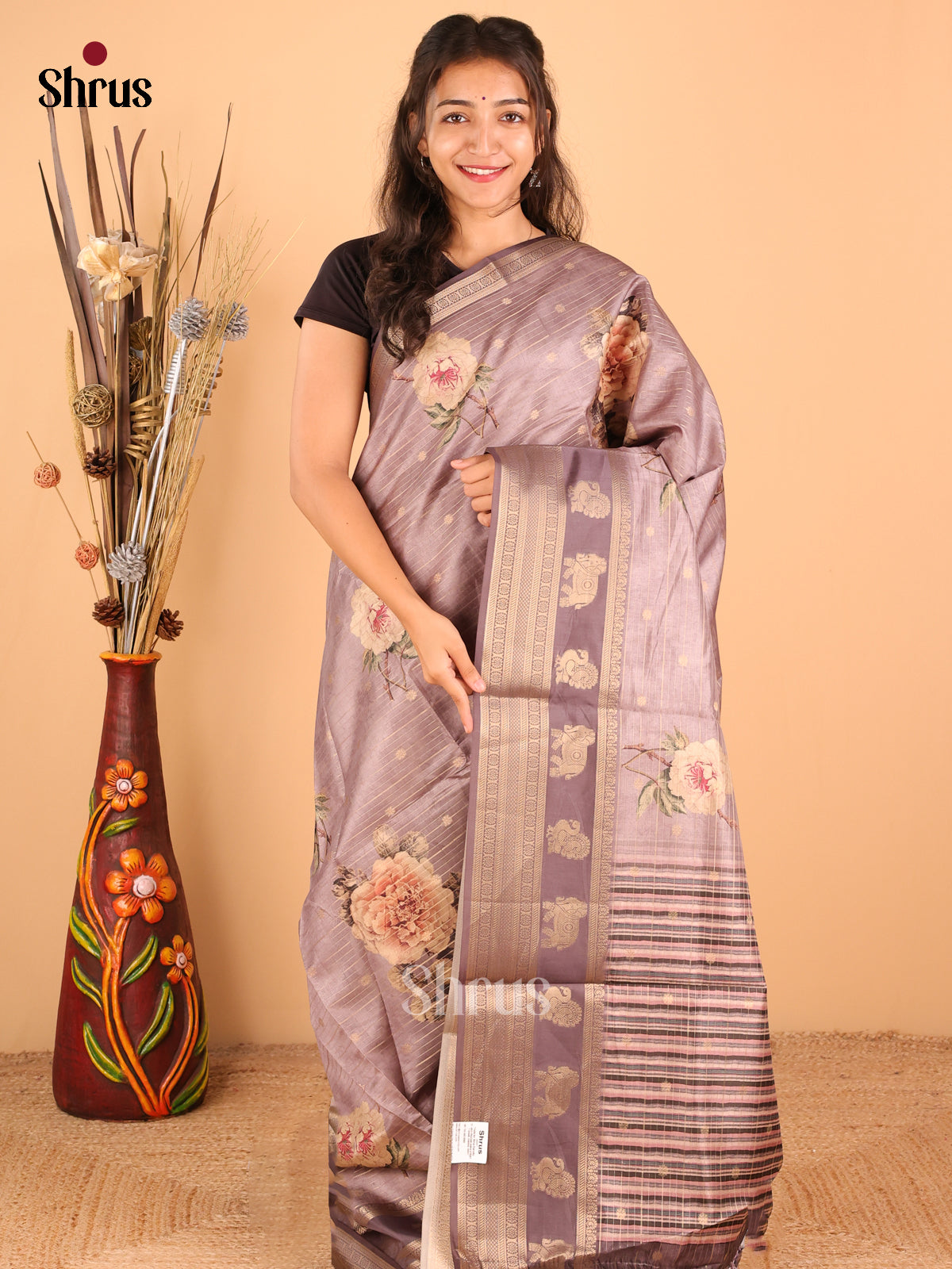 Elephant Grey - Printed Tussar - CIS15070 - Shop on Shrus.com