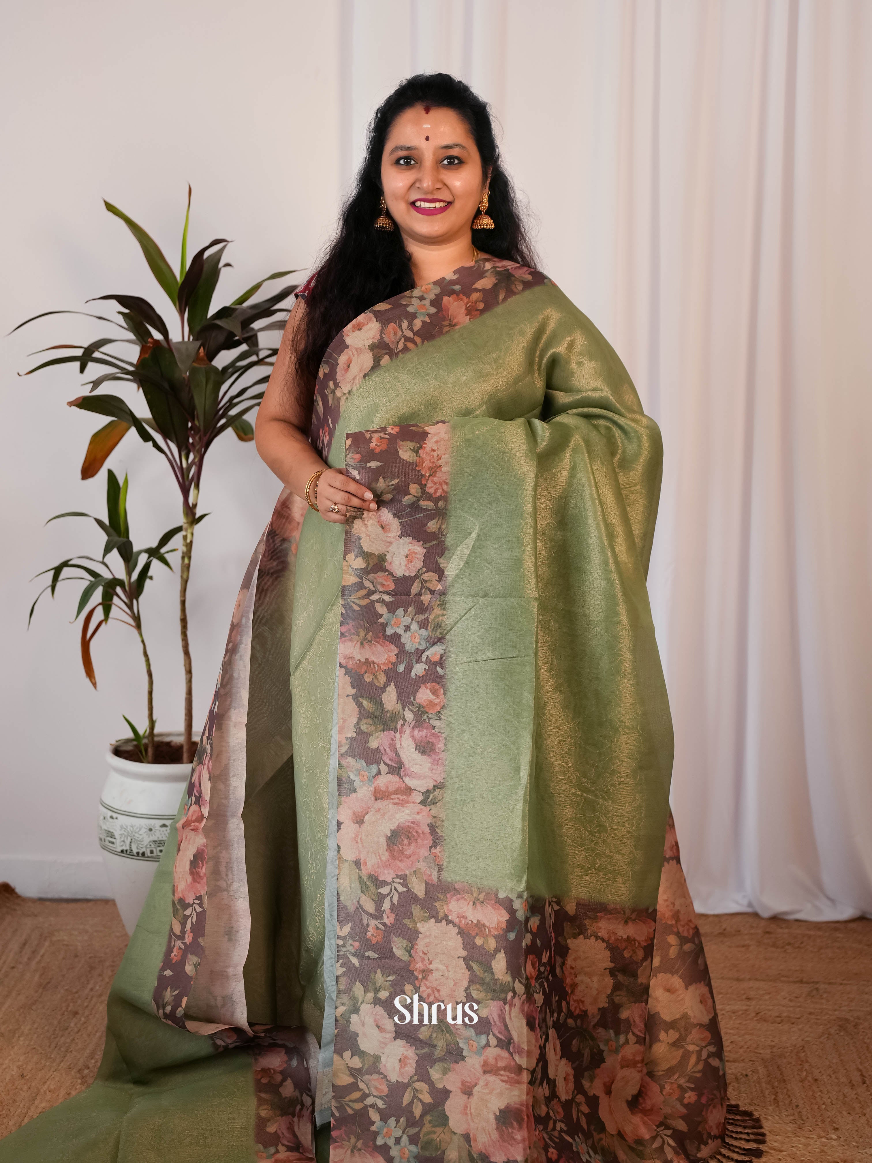 Green & Grey - Semi Jute Saree - Shop on Shrus.com