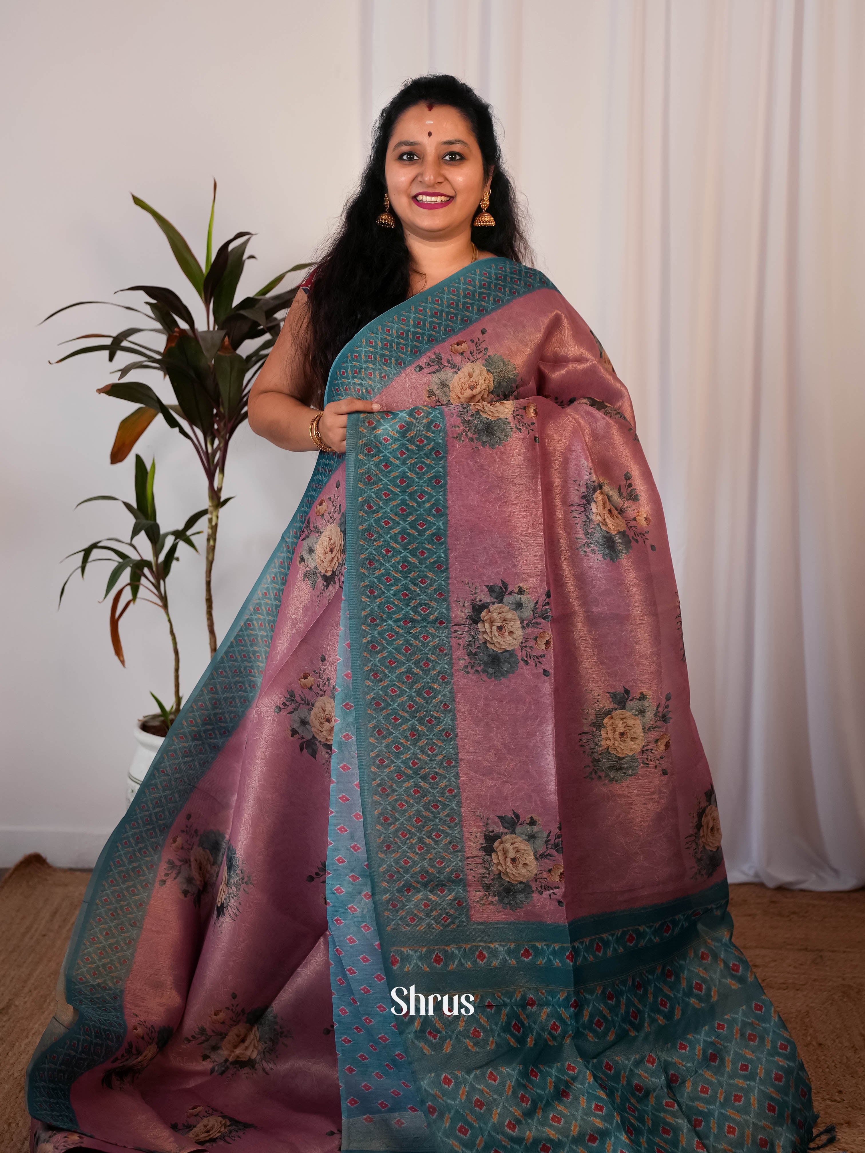 Onion Pink & Teal - Semi Jute Saree - Shop on Shrus.com