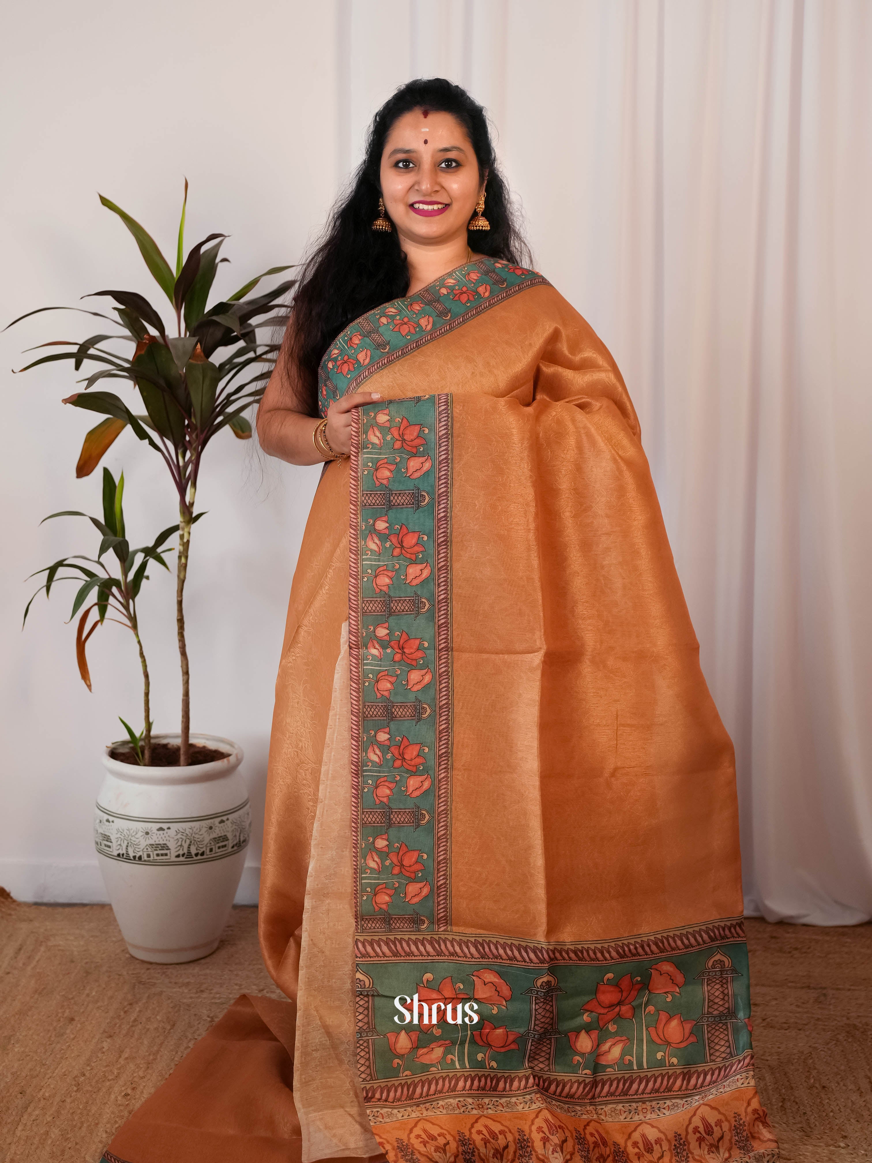 Brown & Green- Semi Jute Saree - Shop on Shrus.com