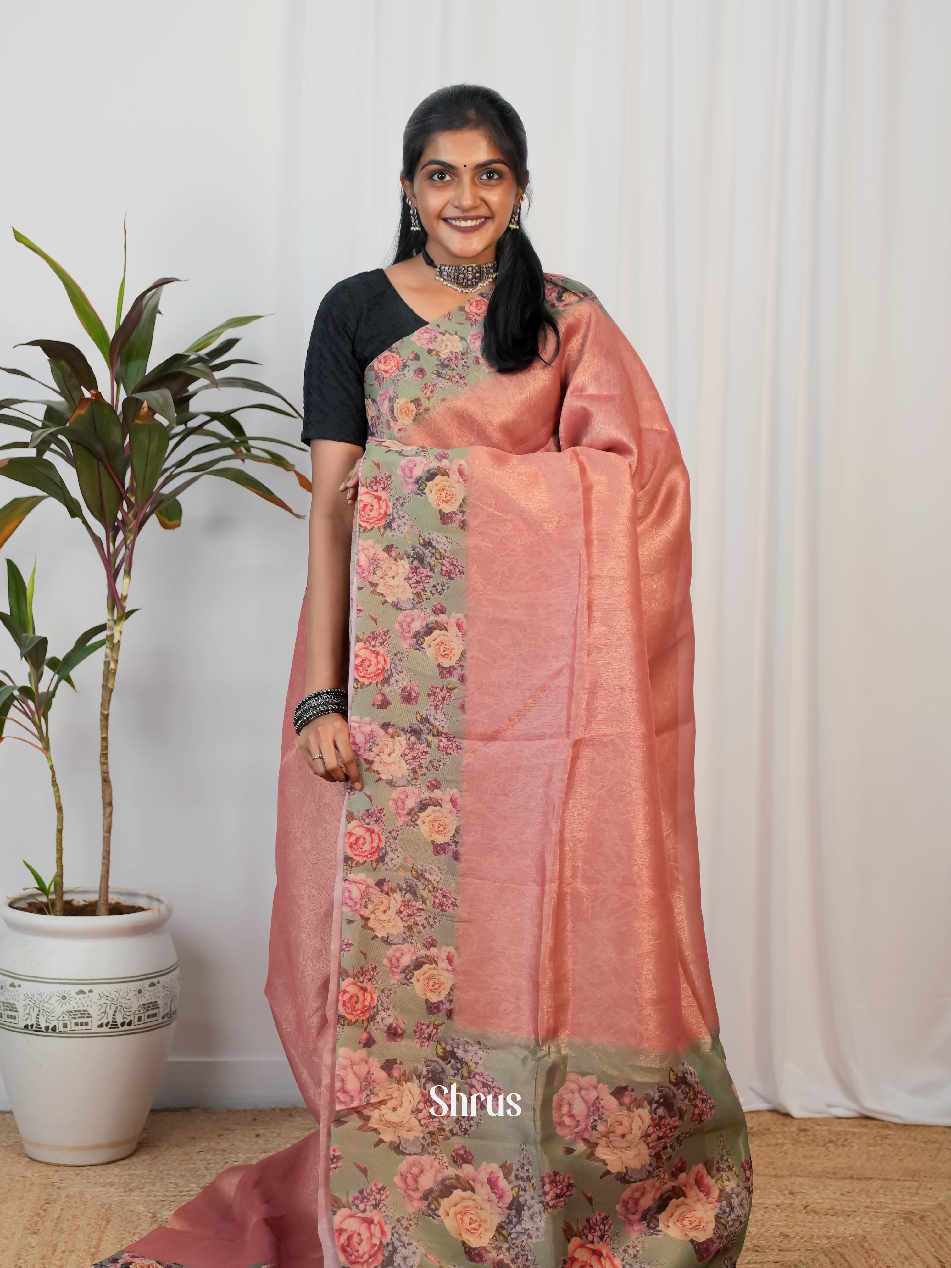 Peach & Grey- Semi Jute Saree - Shop on Shrus.com