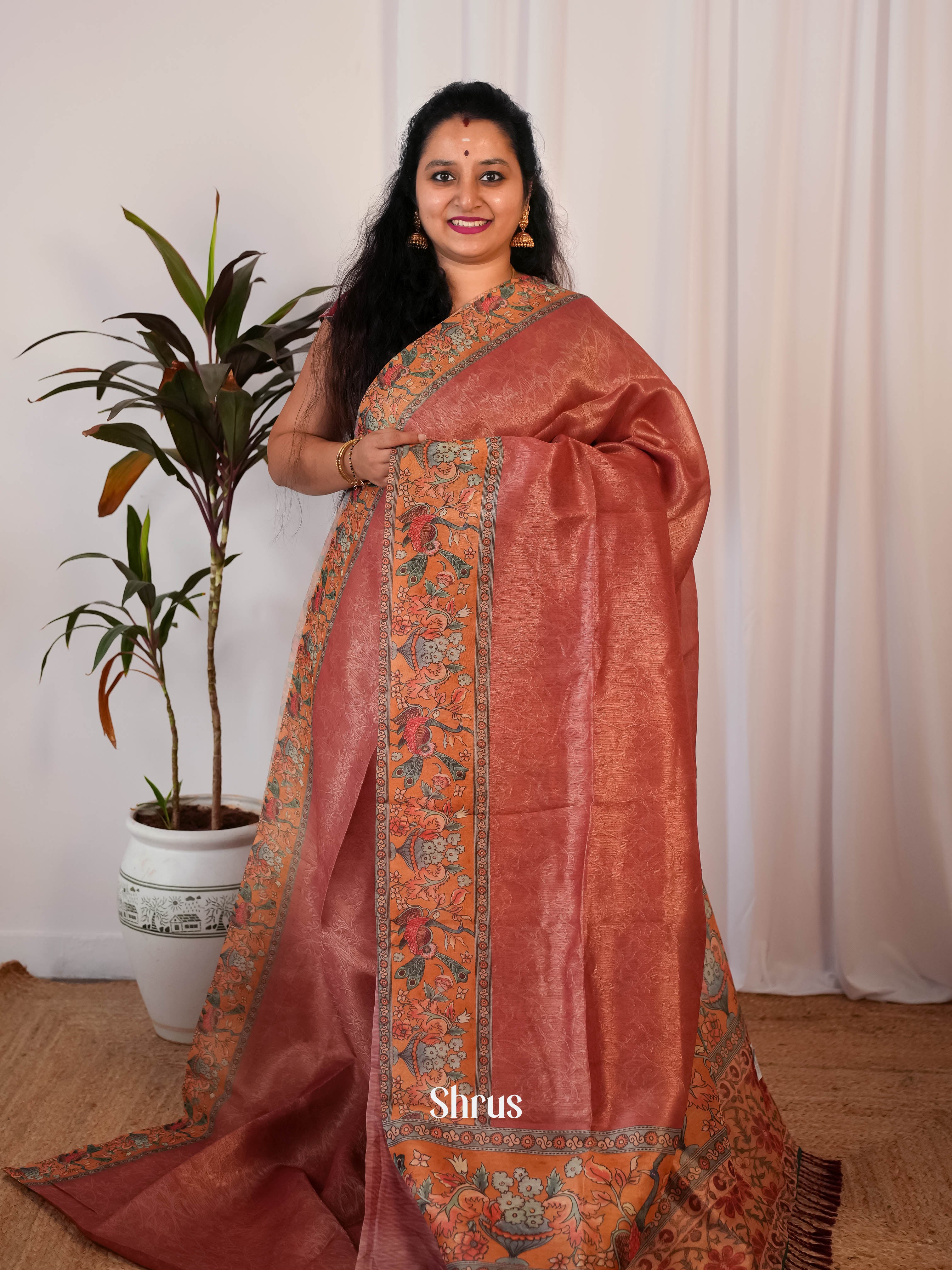 Red & Orange - Semi Jute Saree - Shop on Shrus.com