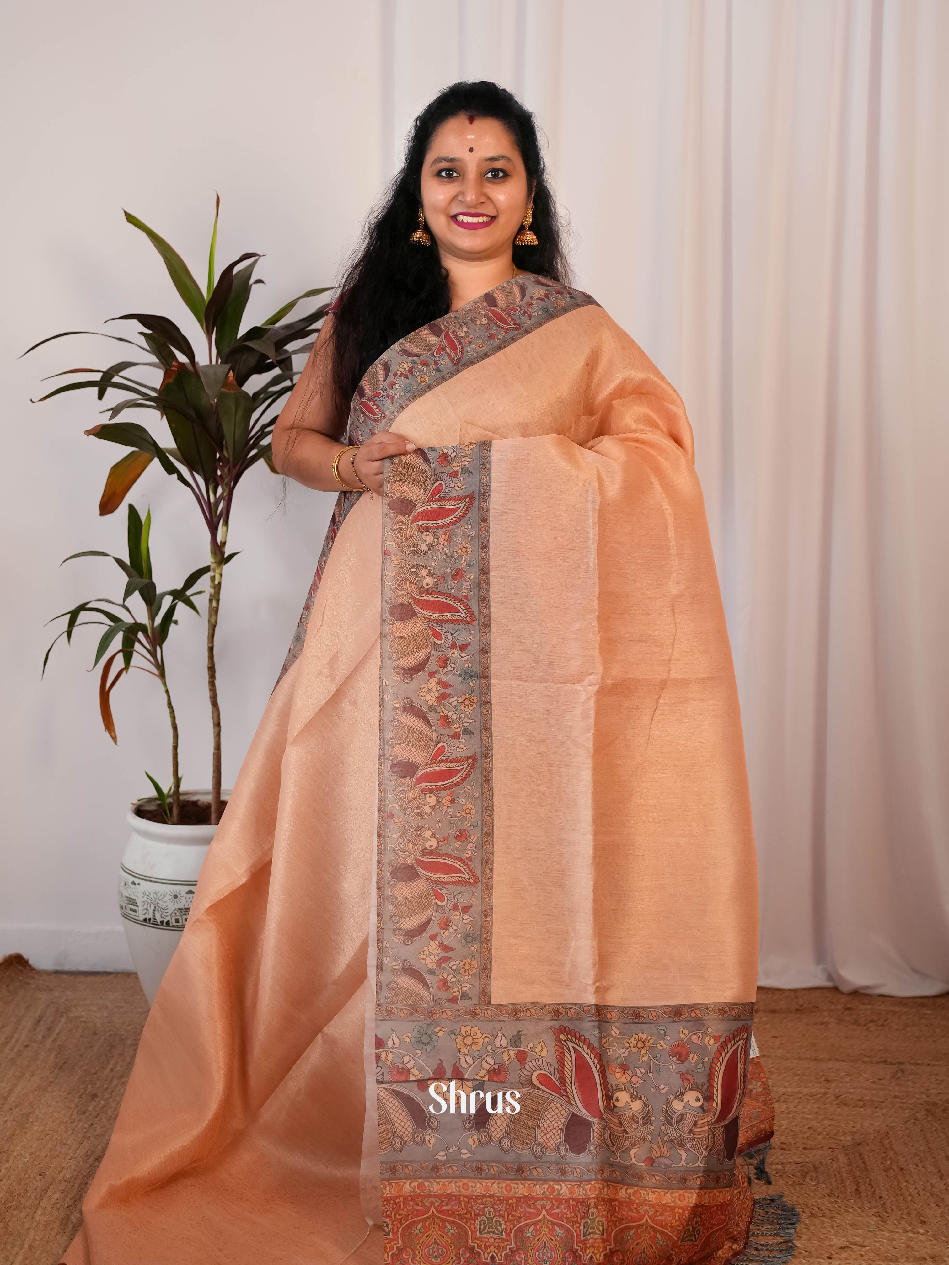 Peach and Grey - Semi Jute Saree - Shop on Shrus.com