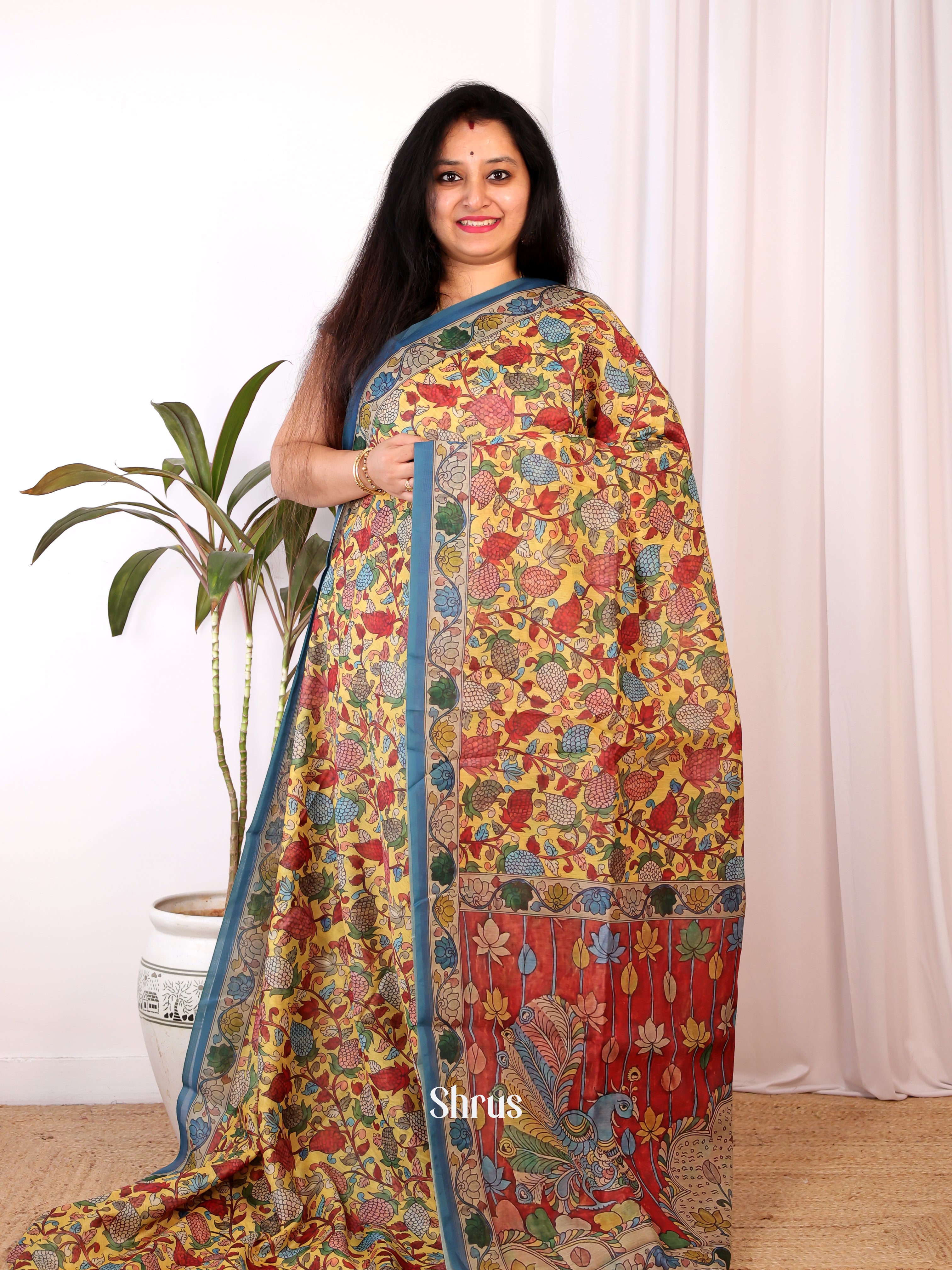 Yellow & Red - Semi Chanderi Saree - Shop on Shrus.com
