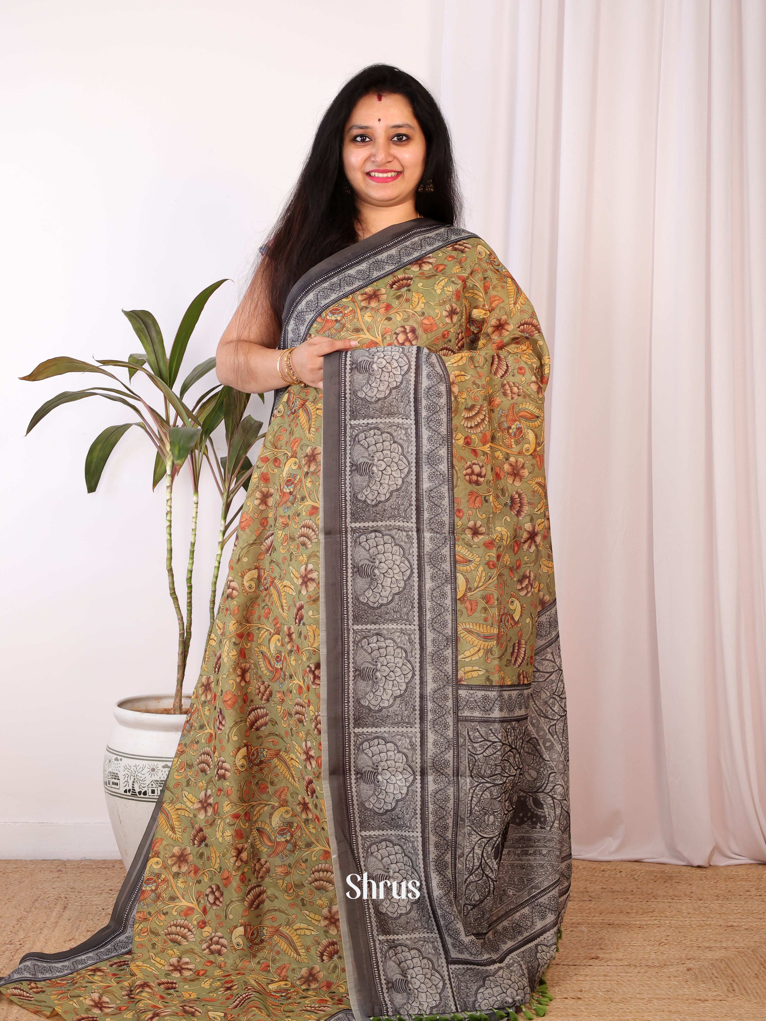 Green & Grey - Semi Chanderi Saree - Shop on Shrus.com