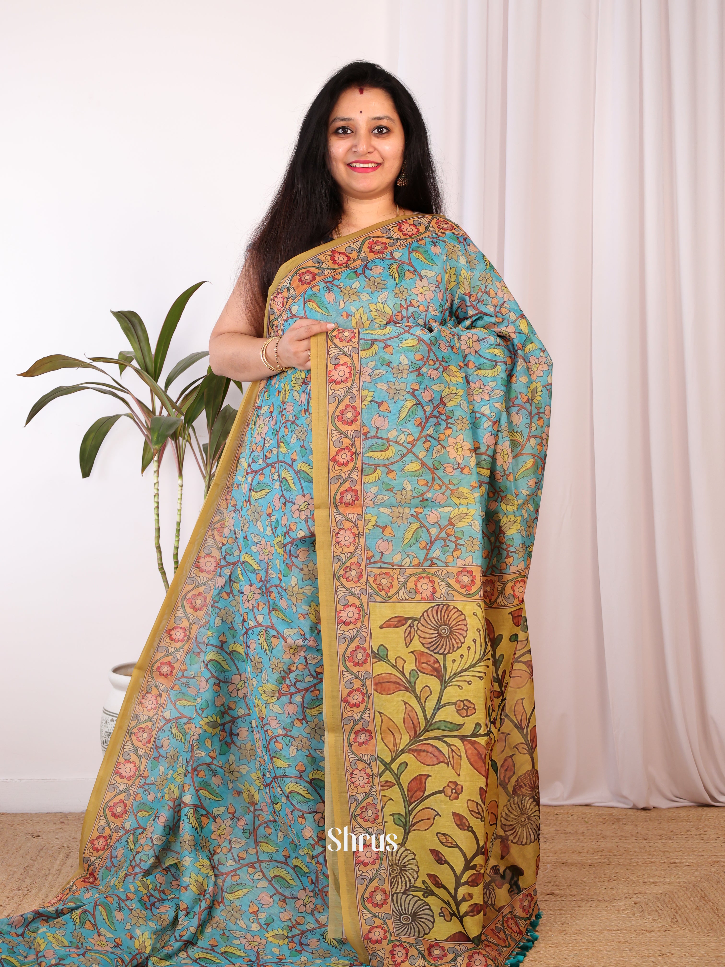 Teal & Yellow - Semi Chanderi Saree - Shop on Shrus.com