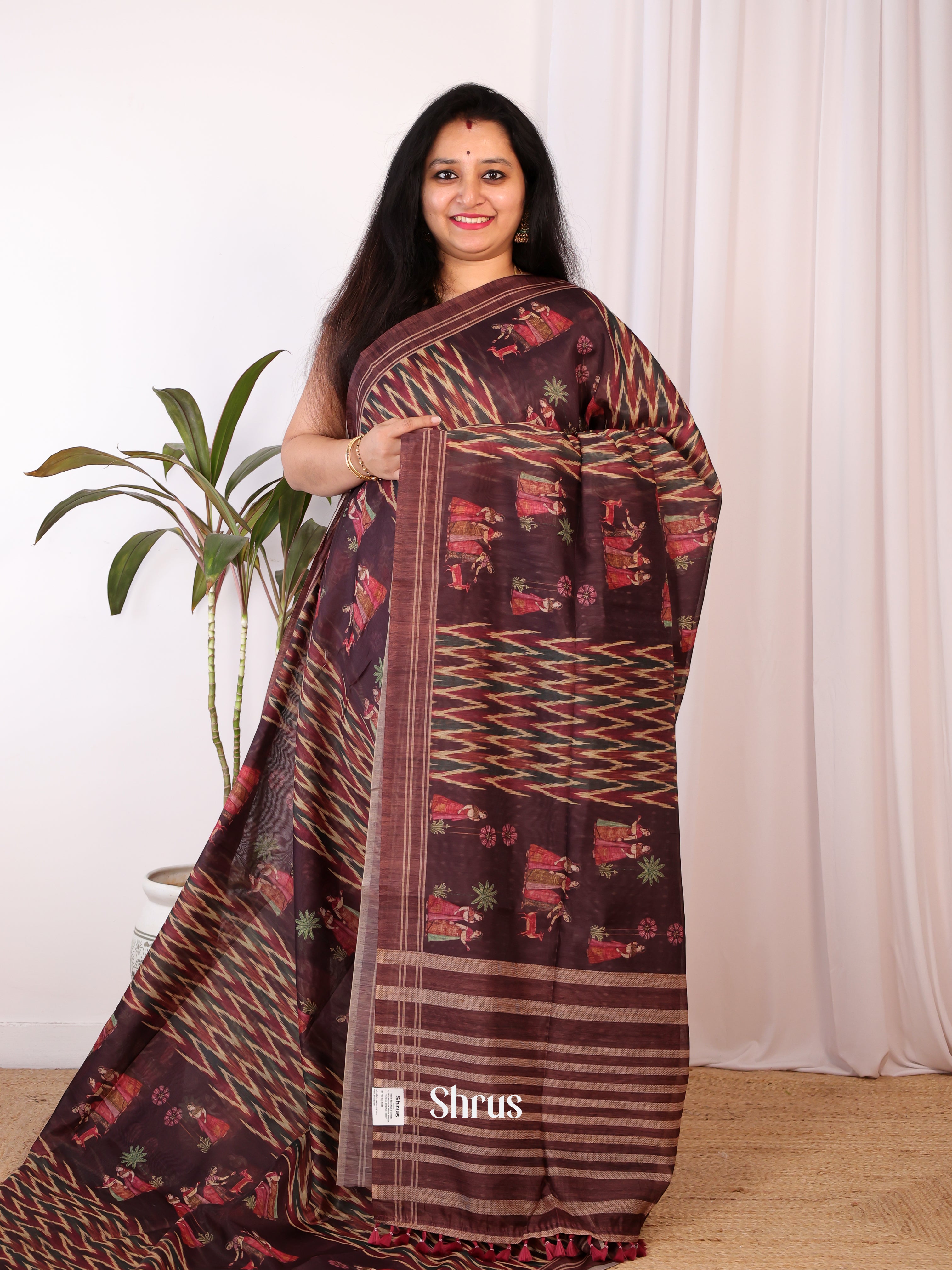 Brown - Semi Chanderi Saree - Shop on Shrus.com