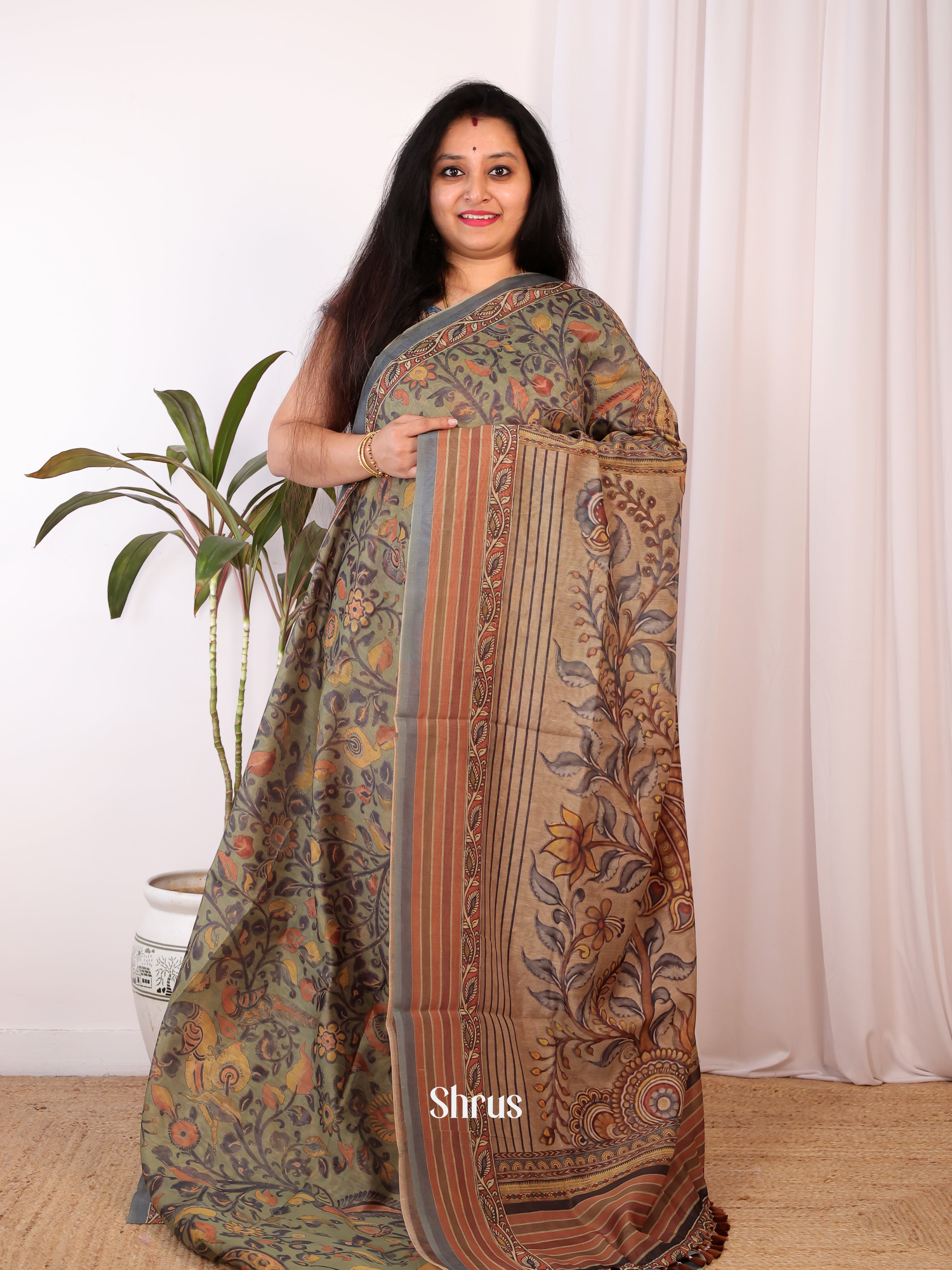 Green & Brown - Semi Chanderi Saree - Shop on Shrus.com