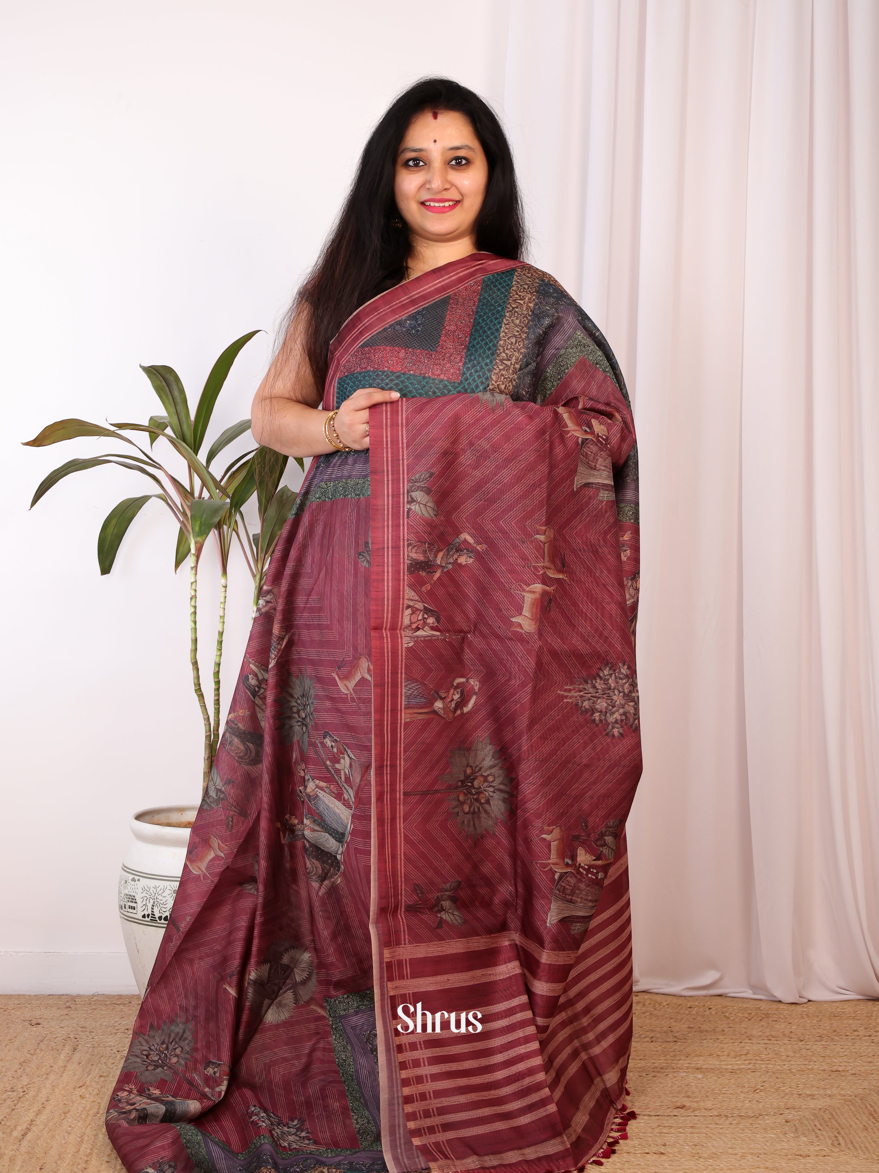 Maroon - Semi Chanderi Saree - Shop on Shrus.com