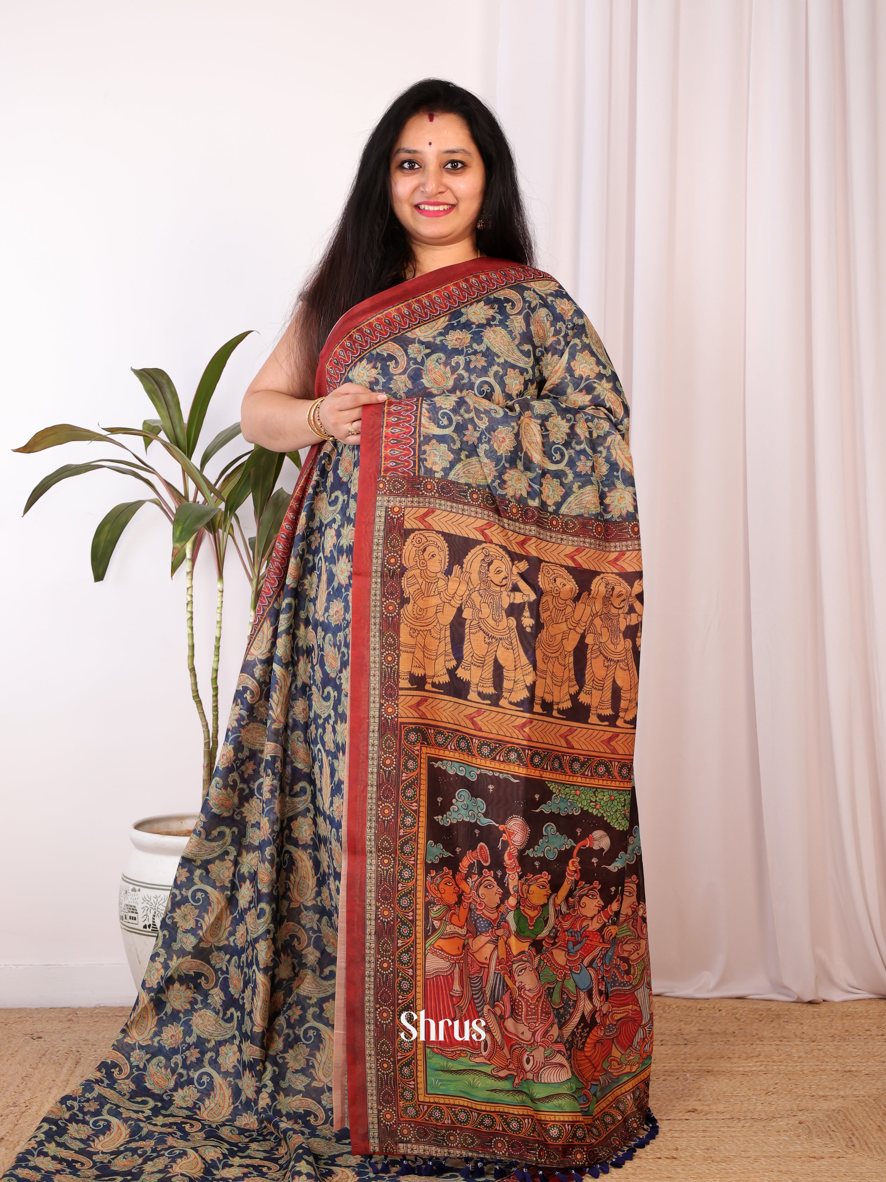 Blue & Red- Semi Chanderi Saree - Shop on Shrus.com