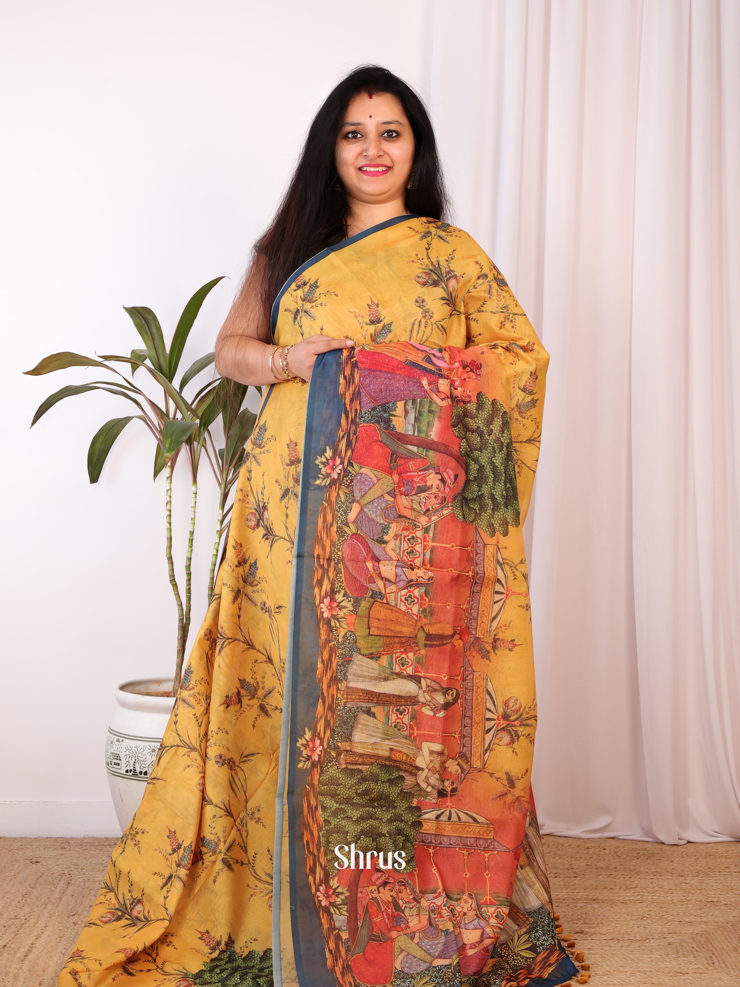 Mustard & Red - Semi Chanderi Saree - Shop on Shrus.com