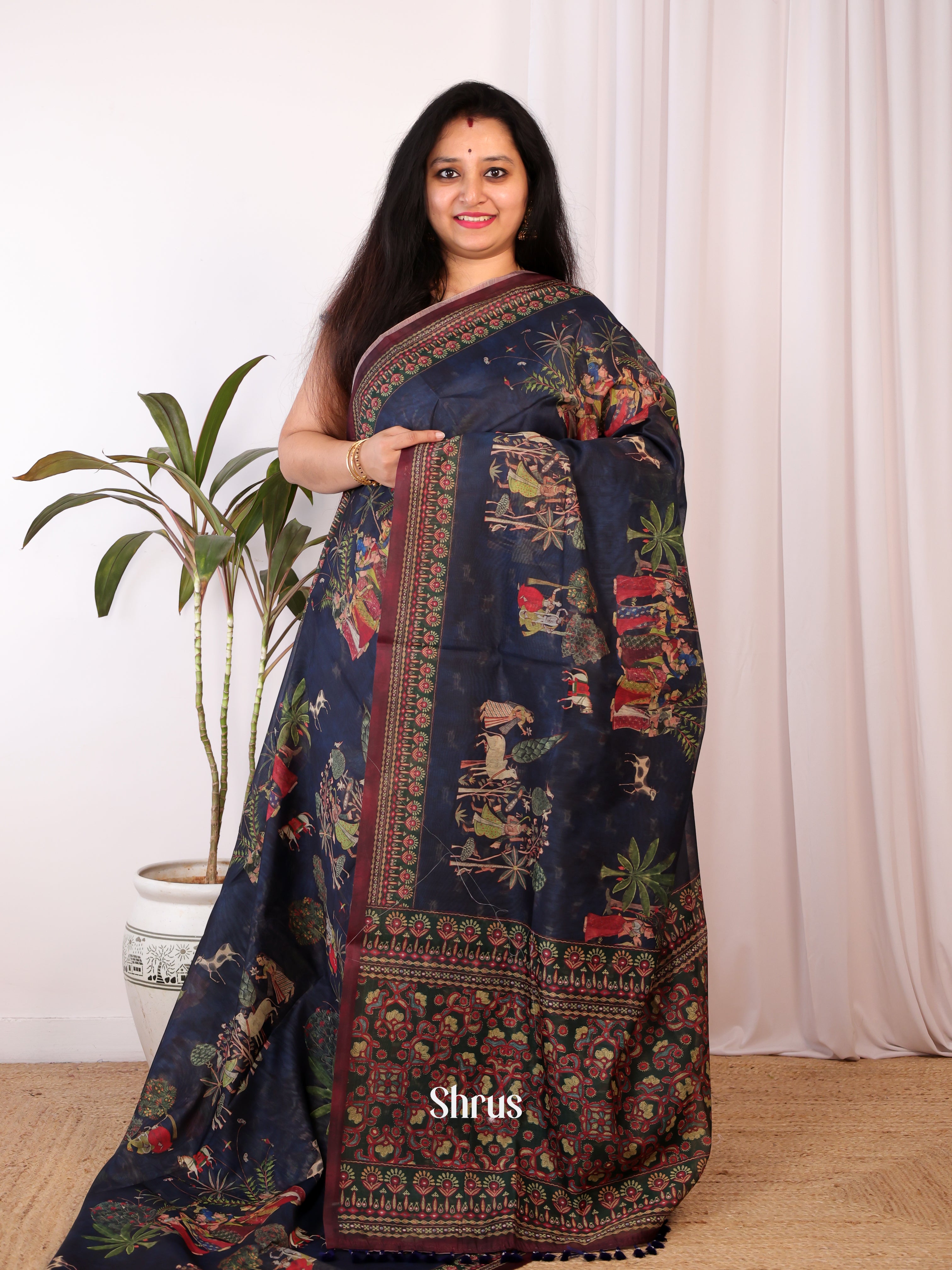 Blue & Maroon - Semi Chanderi Saree - Shop on Shrus.com