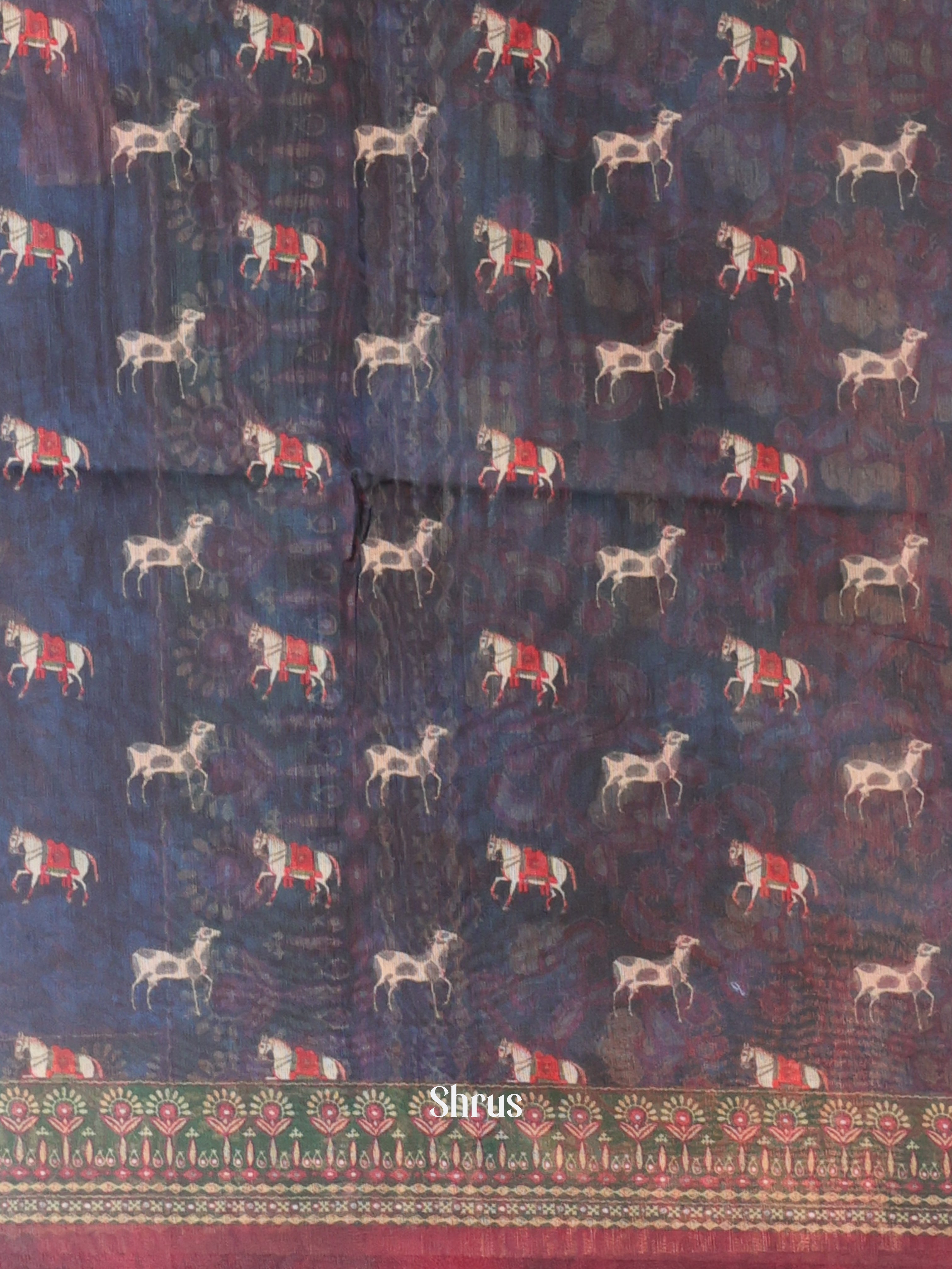 Blue & Maroon - Semi Chanderi Saree - Shop on Shrus.com