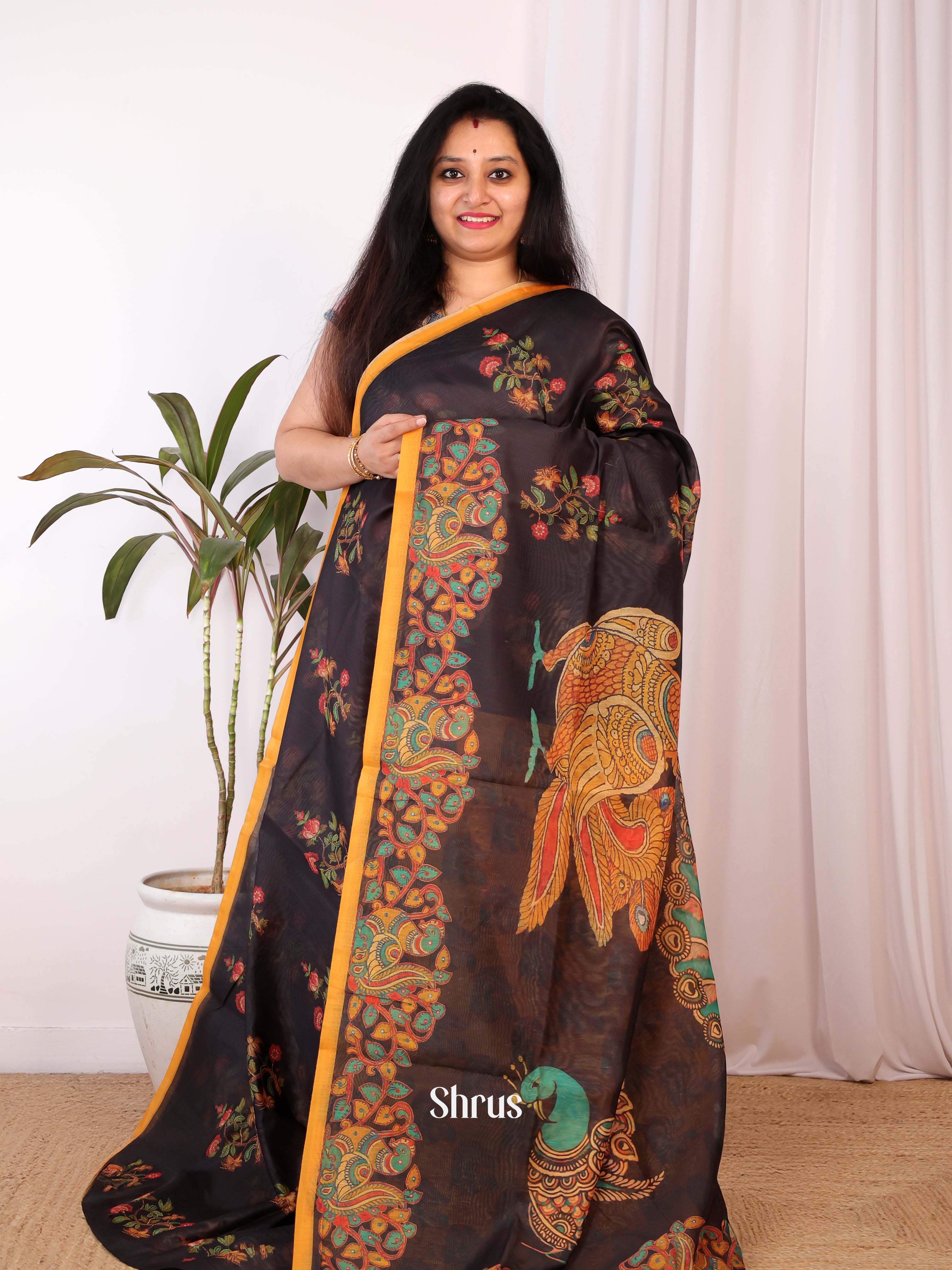 Black & Mustard - Semi Chanderi Saree - Shop on Shrus.com