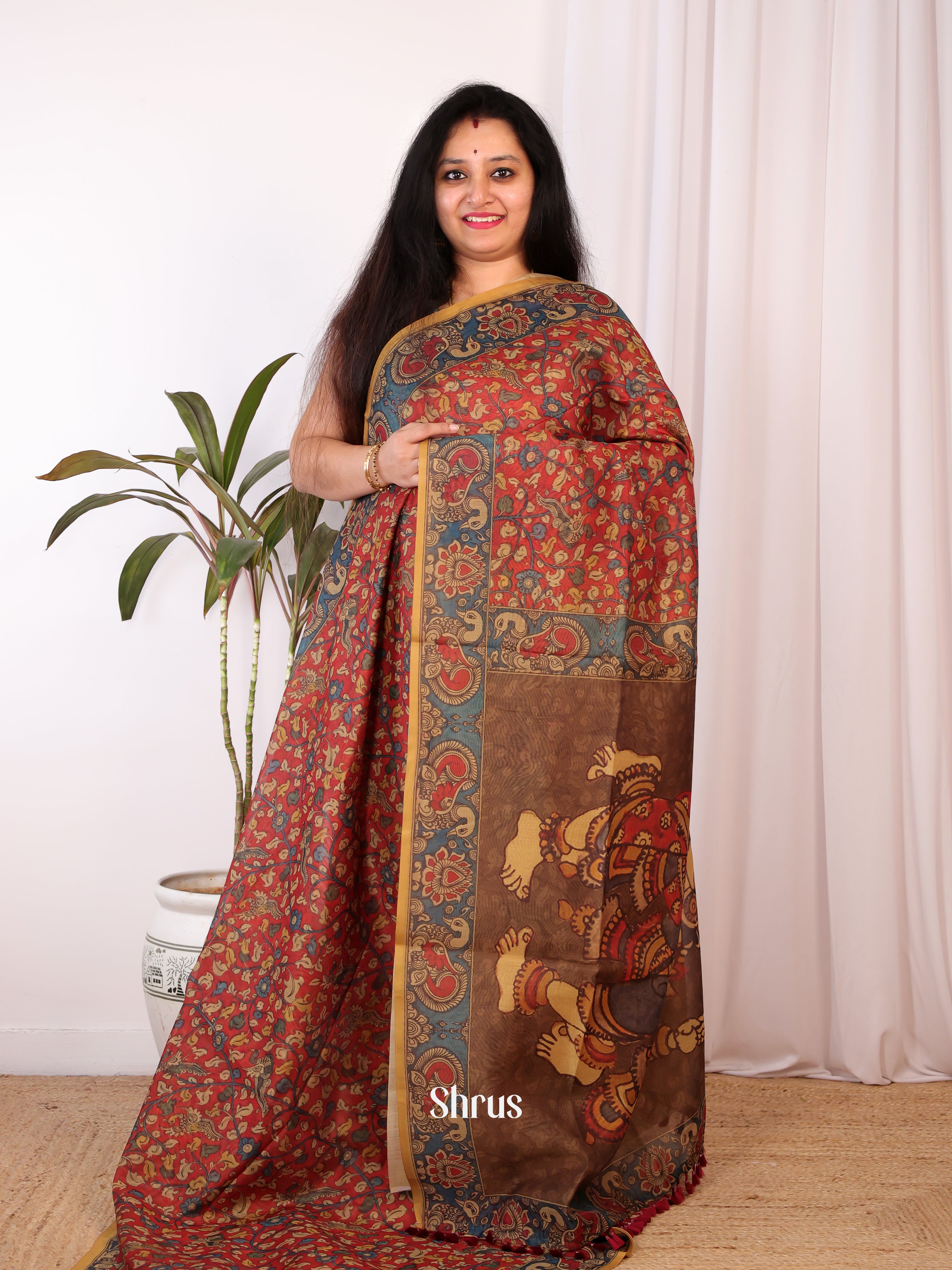 Red & Blue- Semi Chanderi Saree - Shop on Shrus.com