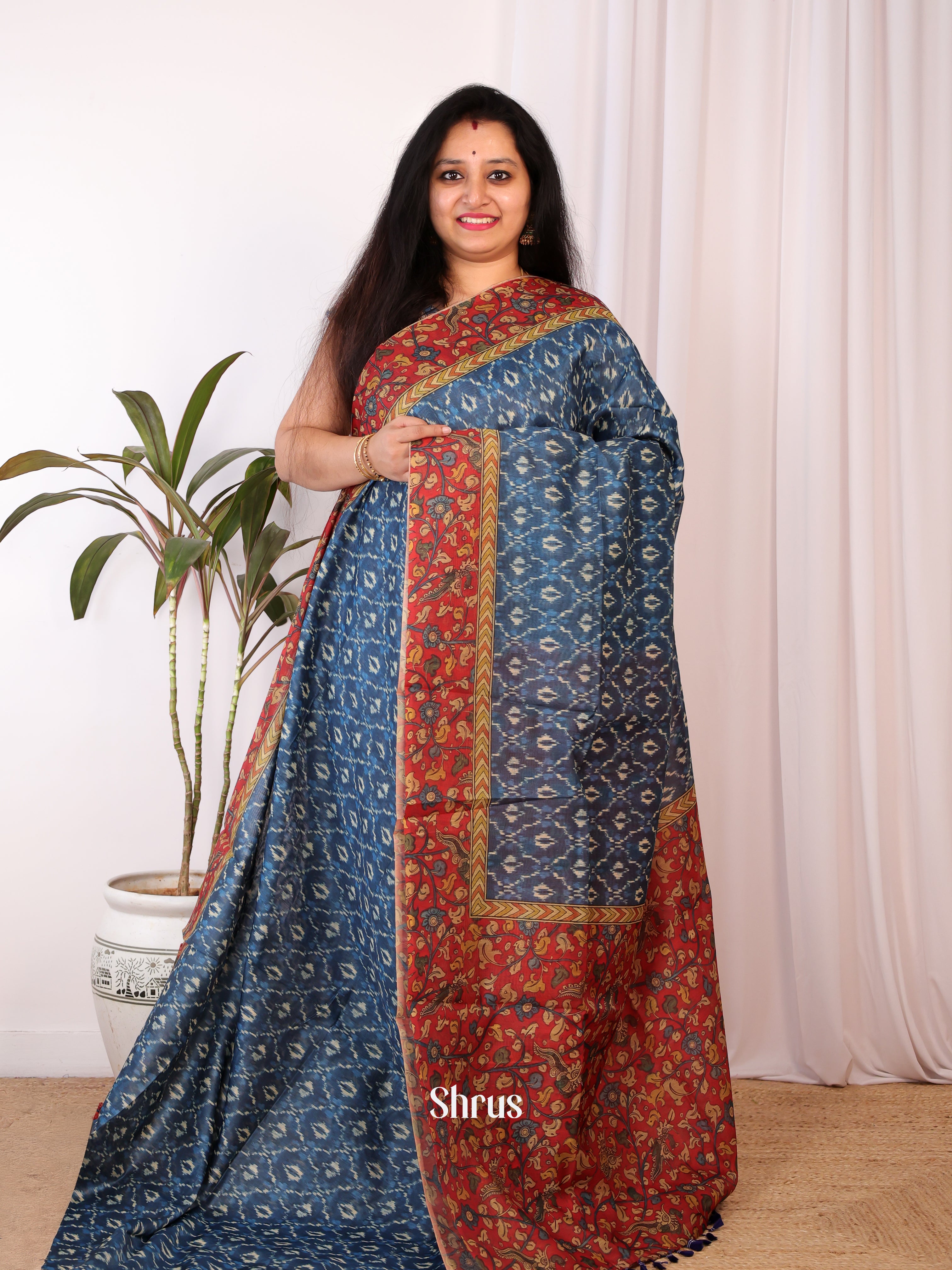 Blue & Red - Semi Chanderi Saree - Shop on Shrus.com