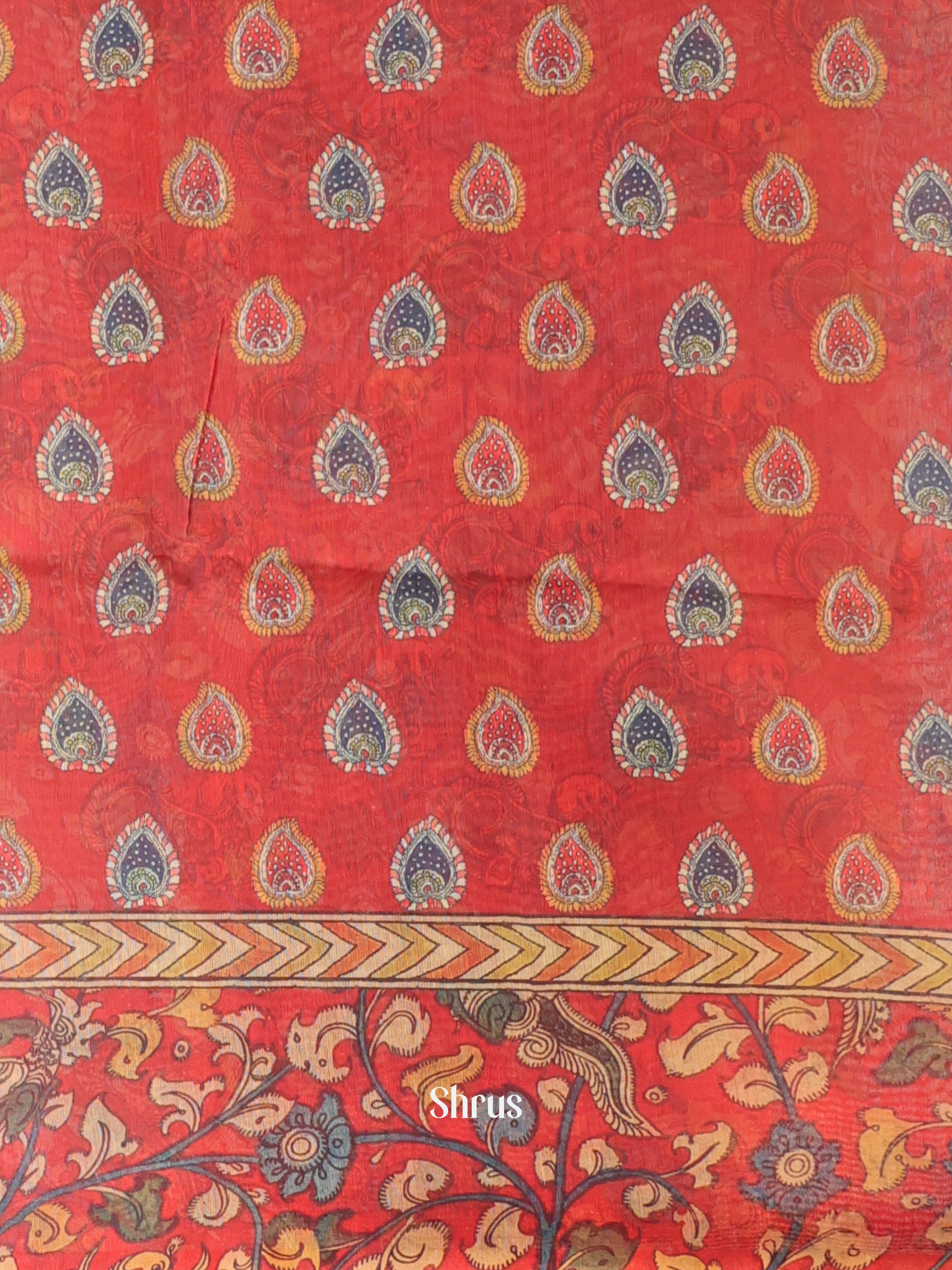 Blue & Red - Semi Chanderi Saree - Shop on Shrus.com