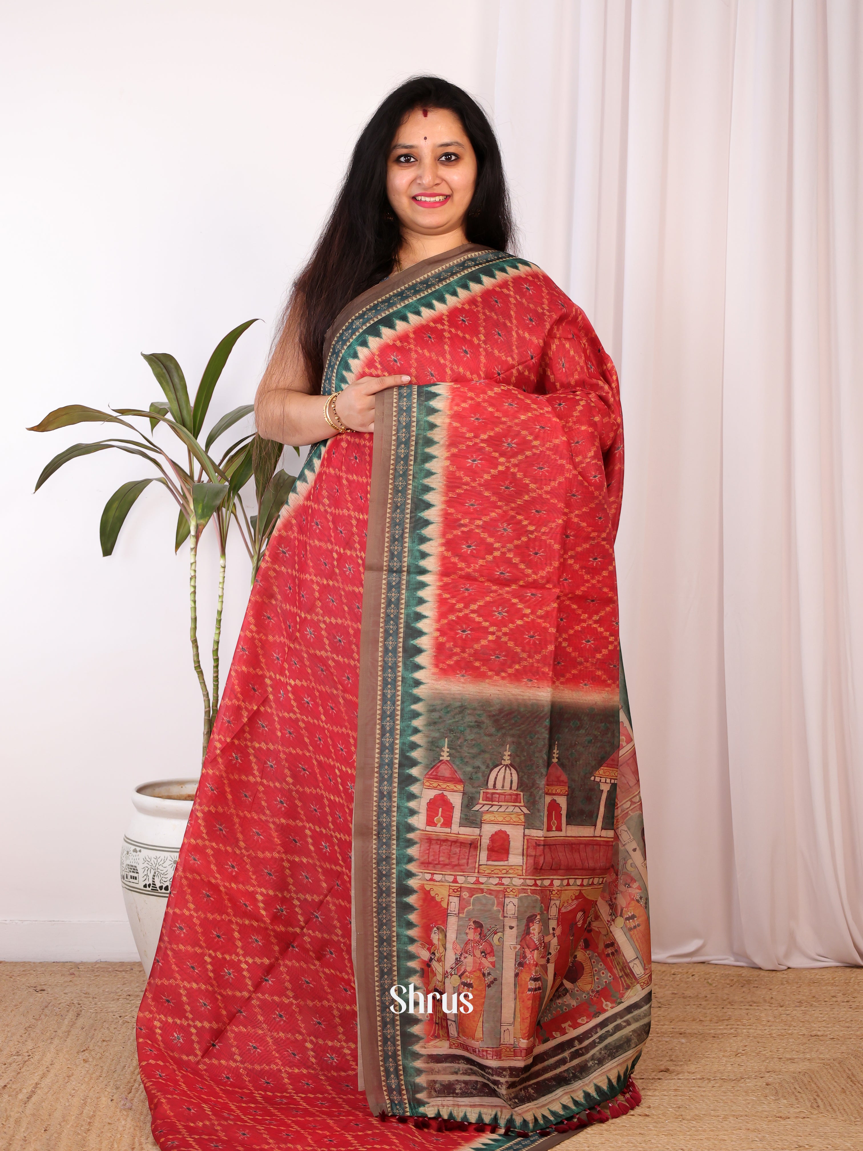 Red & Green - Semi Chanderi Saree - Shop on Shrus.com