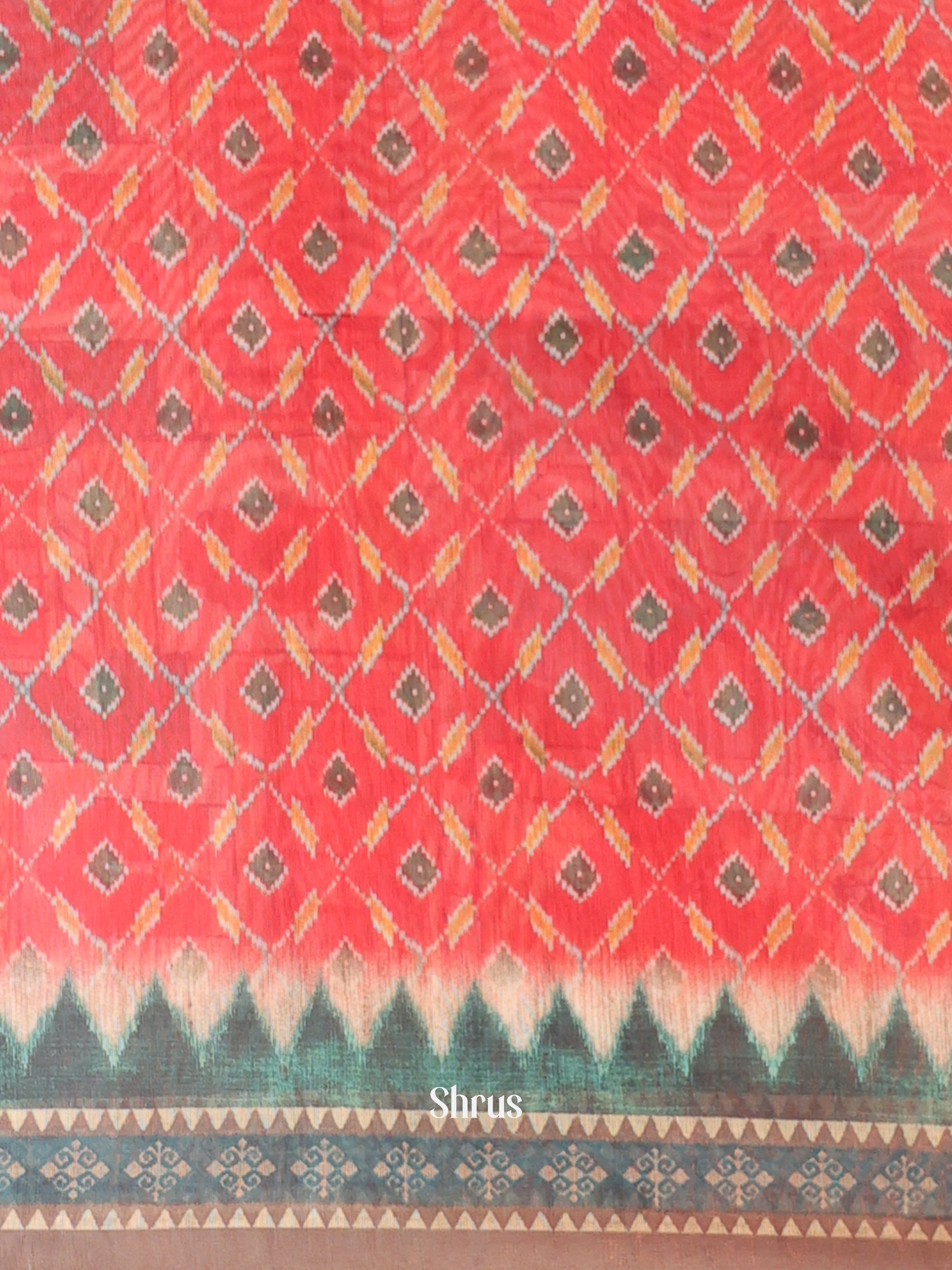 Red & Green - Semi Chanderi Saree - Shop on Shrus.com