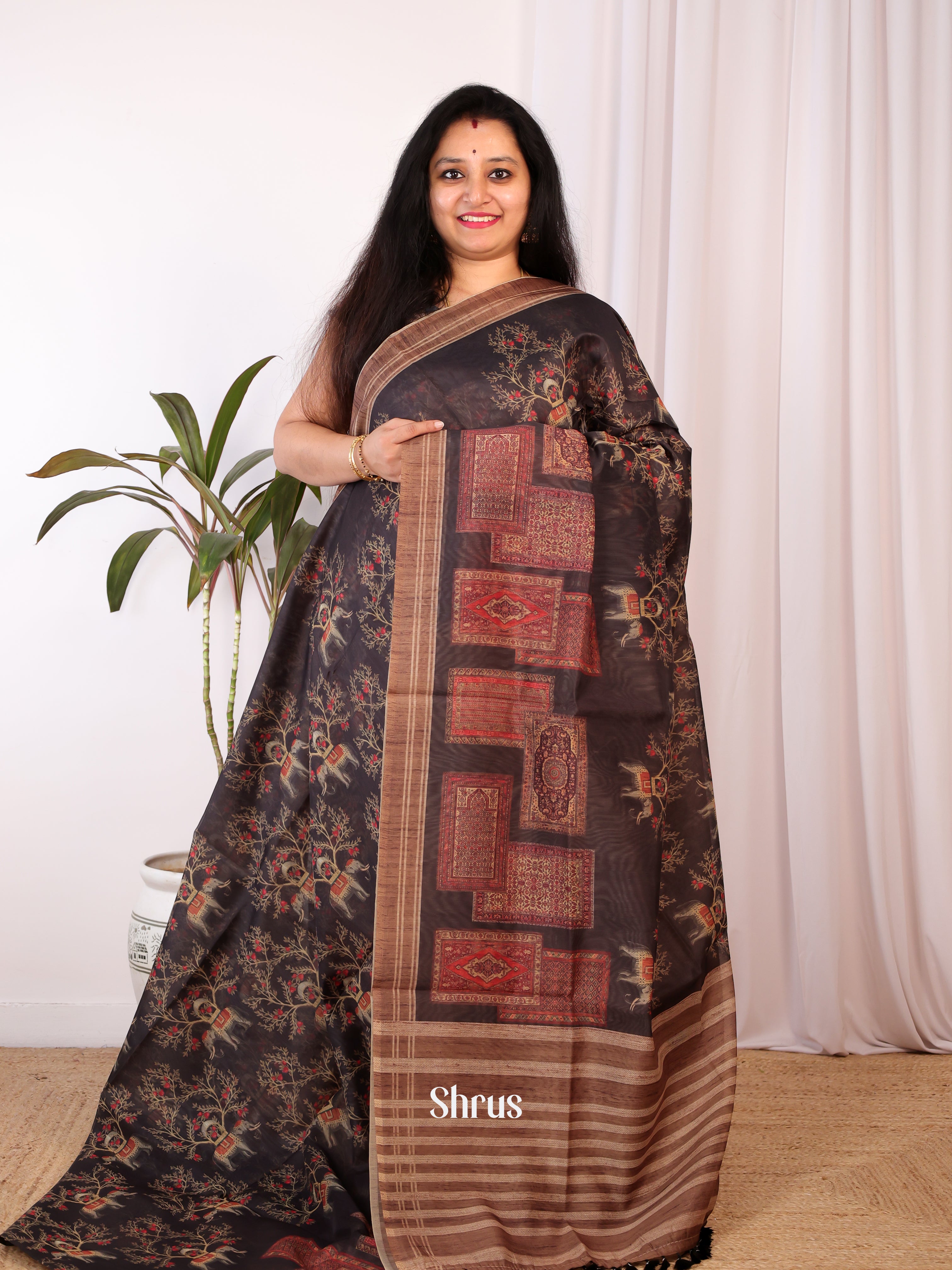 Black & brown - Semi Chanderi Saree - Shop on Shrus.com
