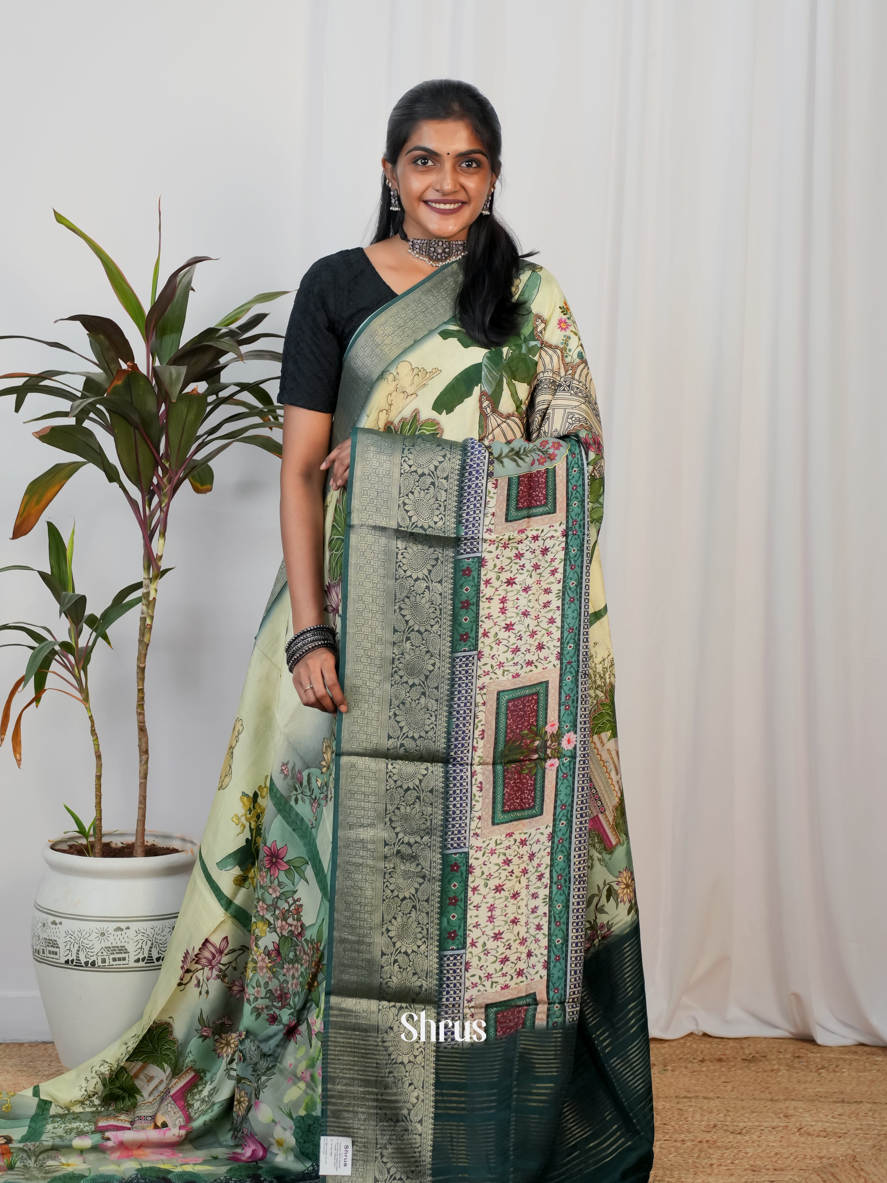 Pastel Green & Green - Semi Crepe Saree - Shop on Shrus.com