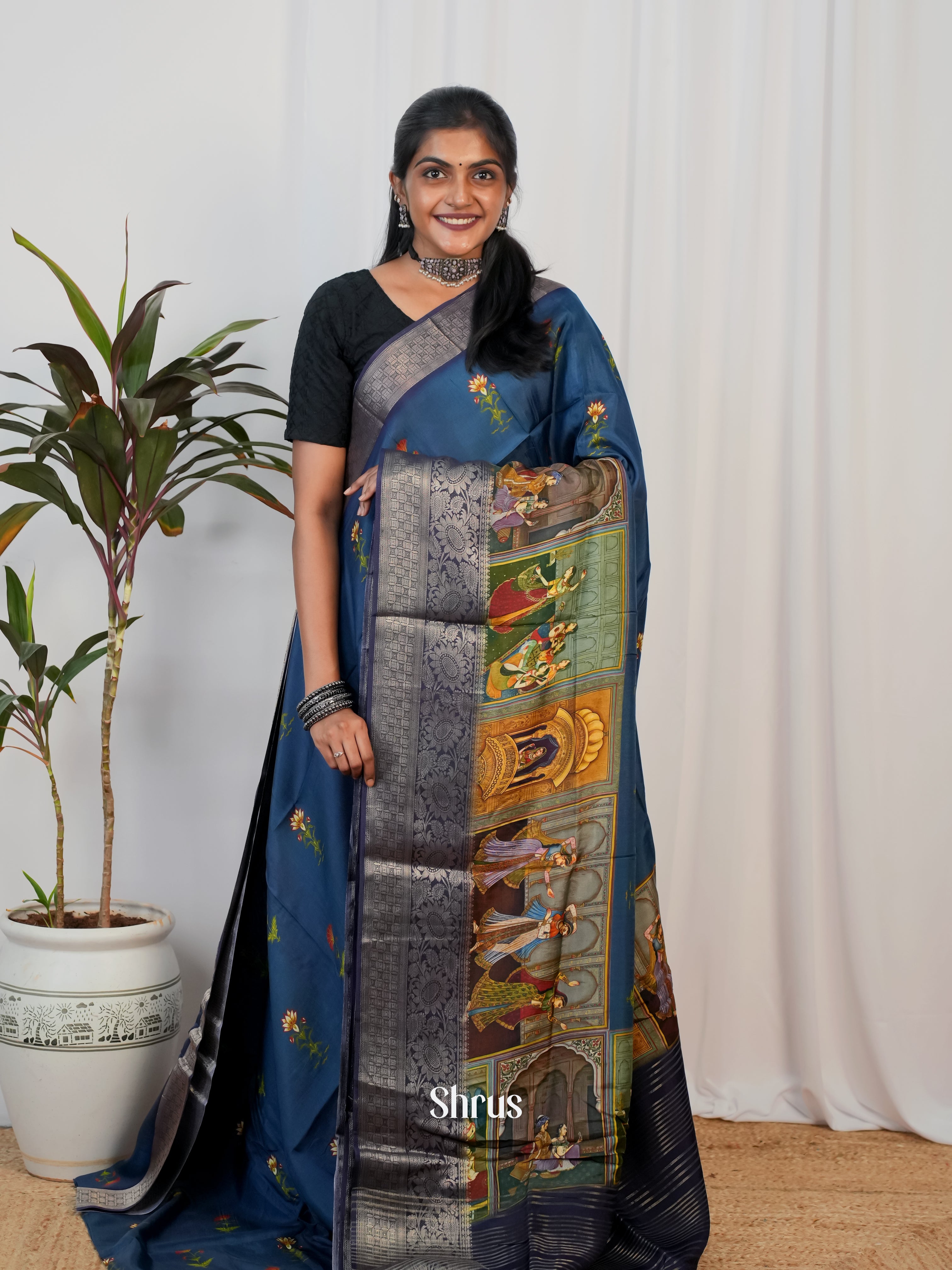 Blue & Purple - Semi Crepe Saree - Shop on Shrus.com