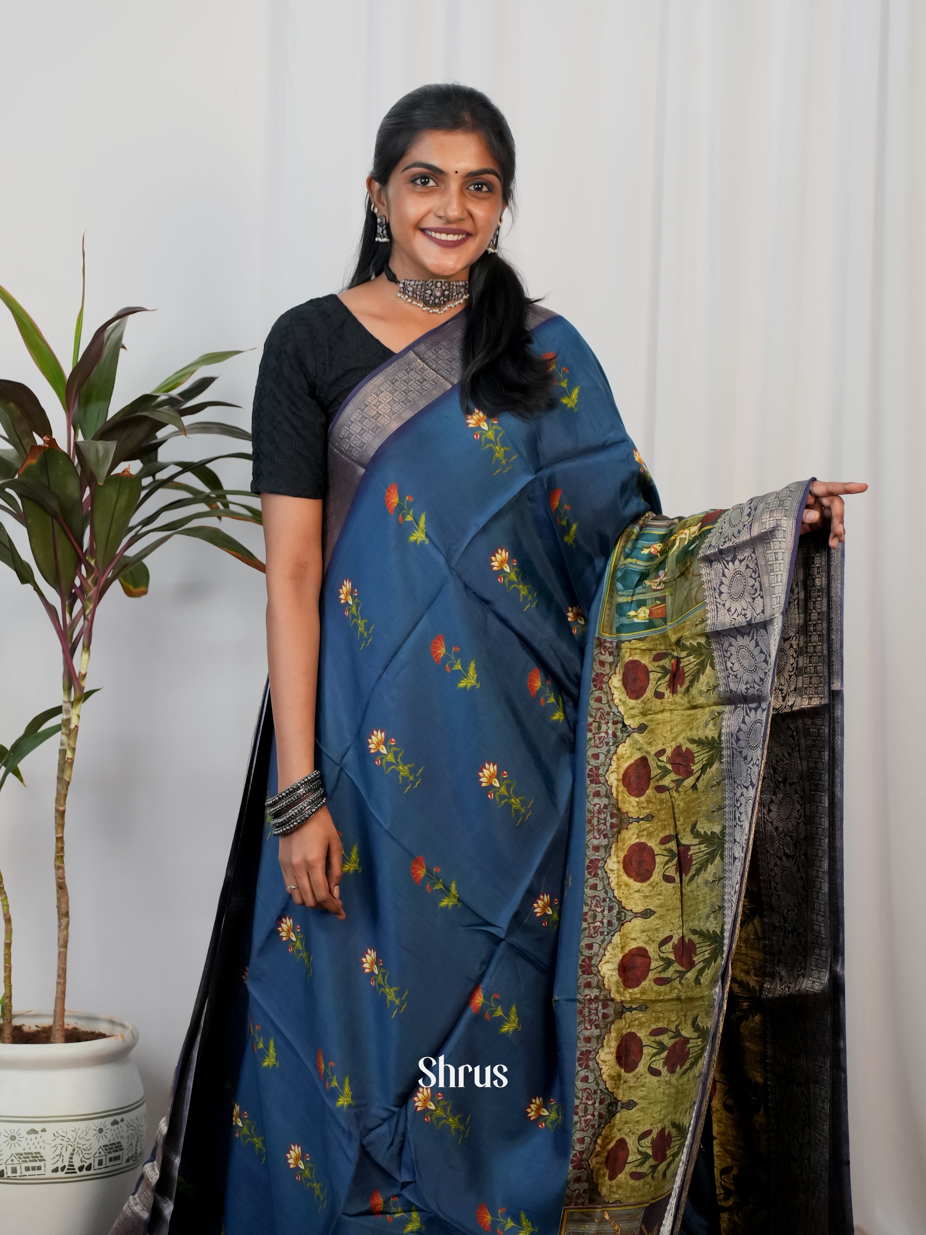 Blue & Purple - Semi Crepe Saree - Shop on Shrus.com