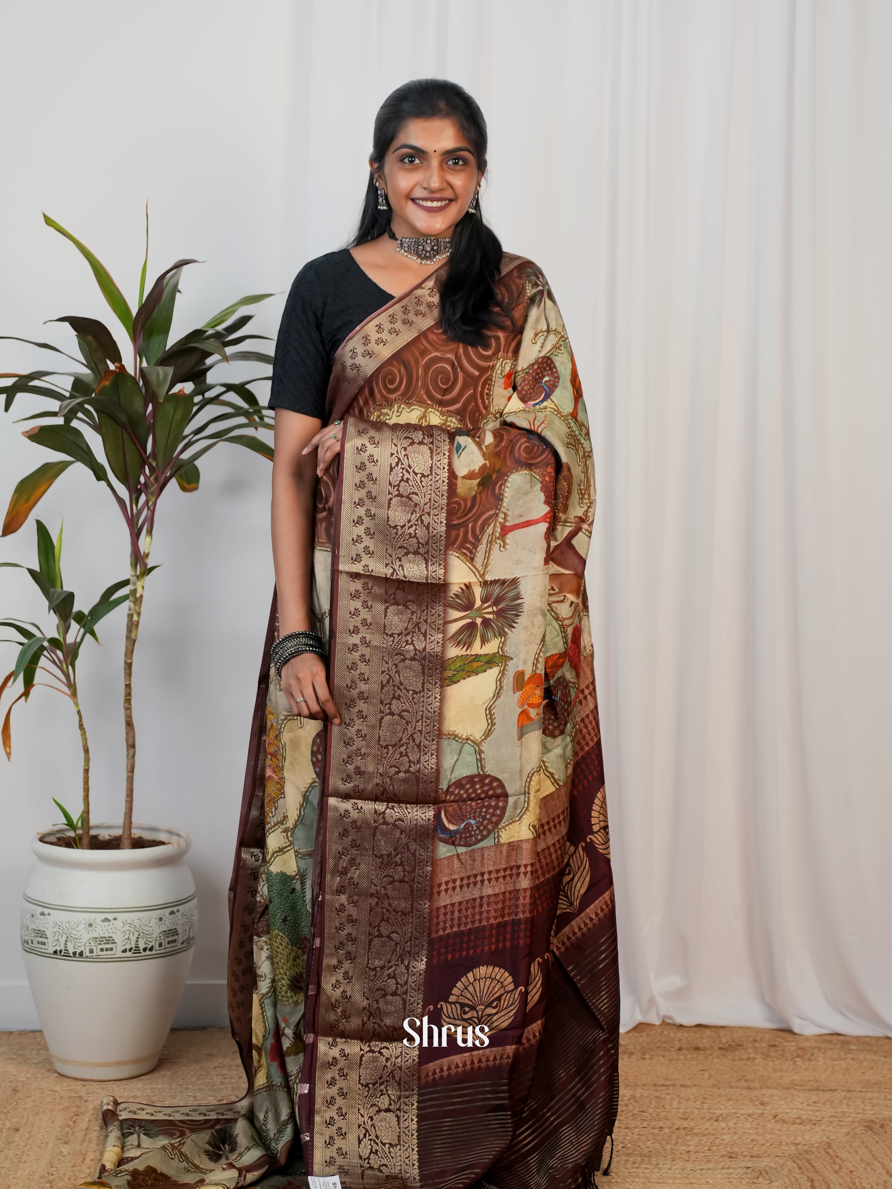 Brown - Semi Crepe Saree - Shop on Shrus.com