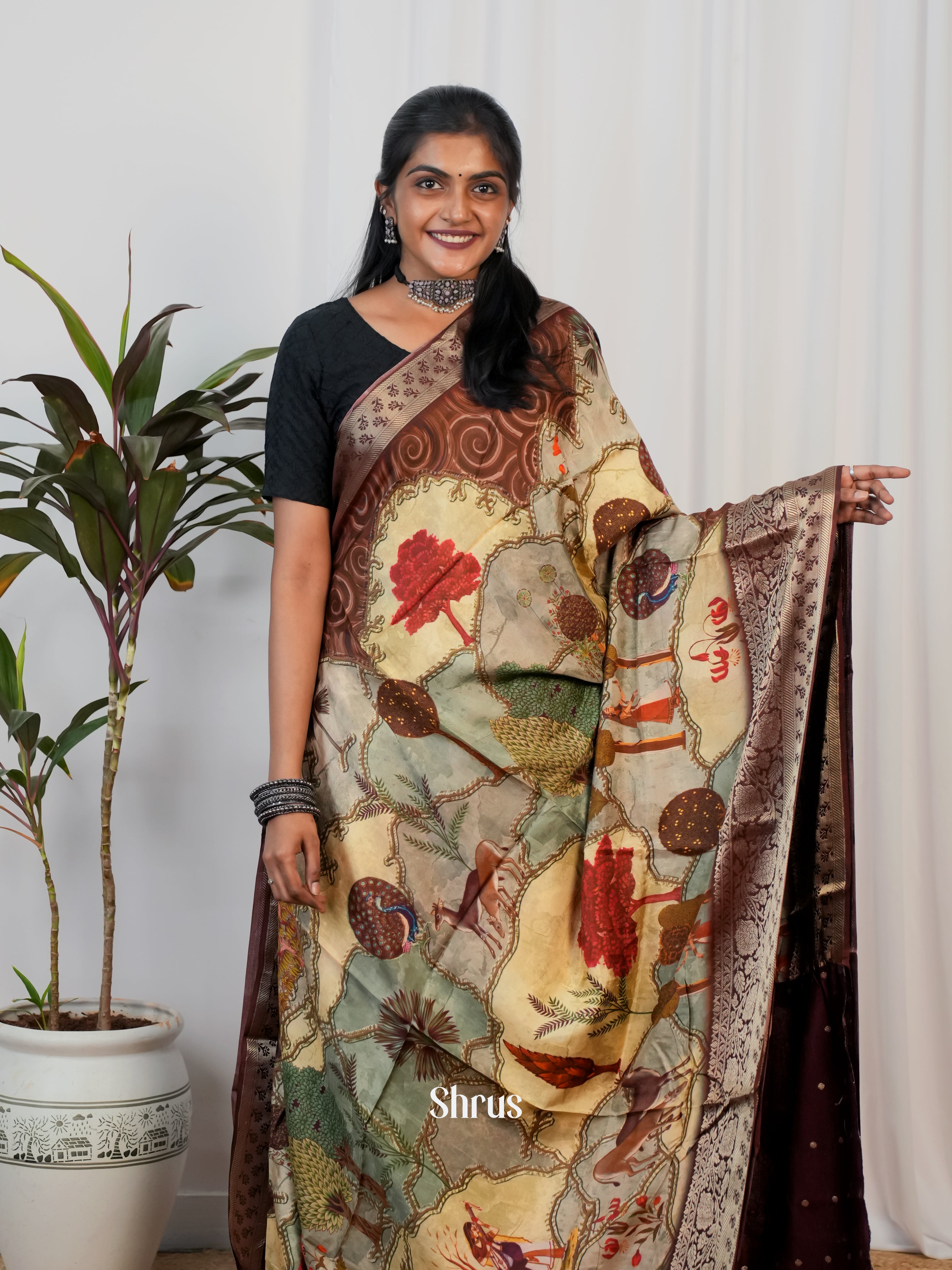 Brown - Semi Crepe Saree - Shop on Shrus.com