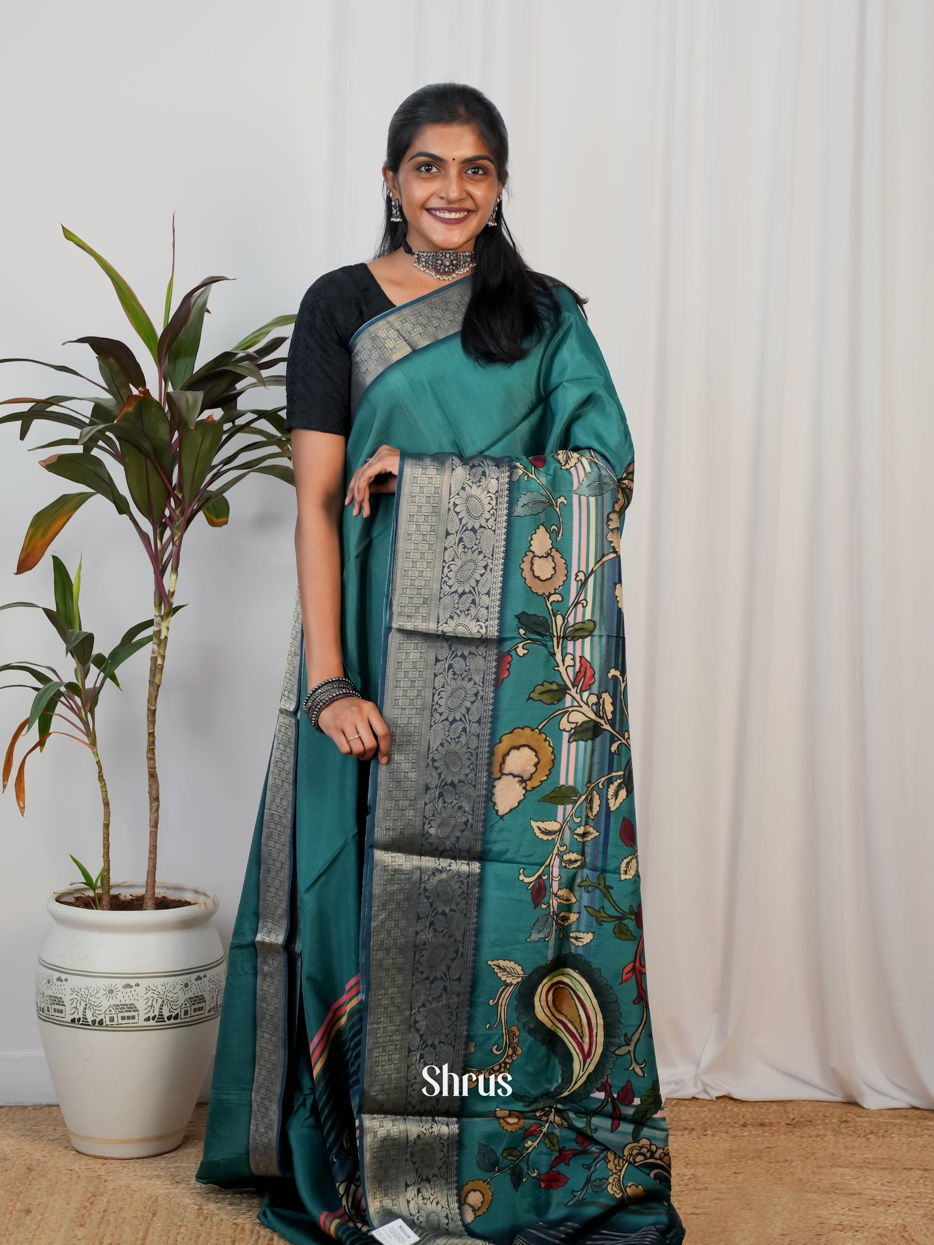 Teal Blue - Semi Crepe Saree - Shop on Shrus.com