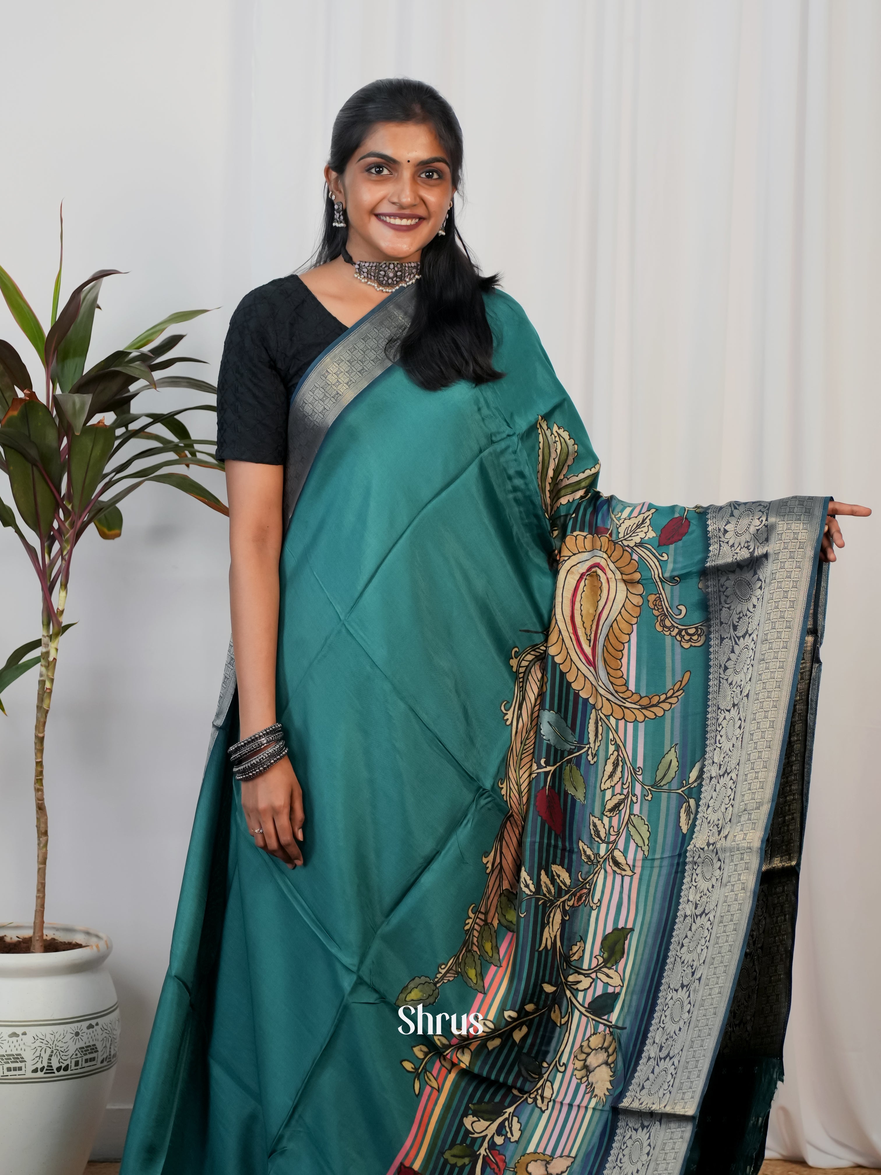 Teal Blue - Semi Crepe Saree - Shop on Shrus.com